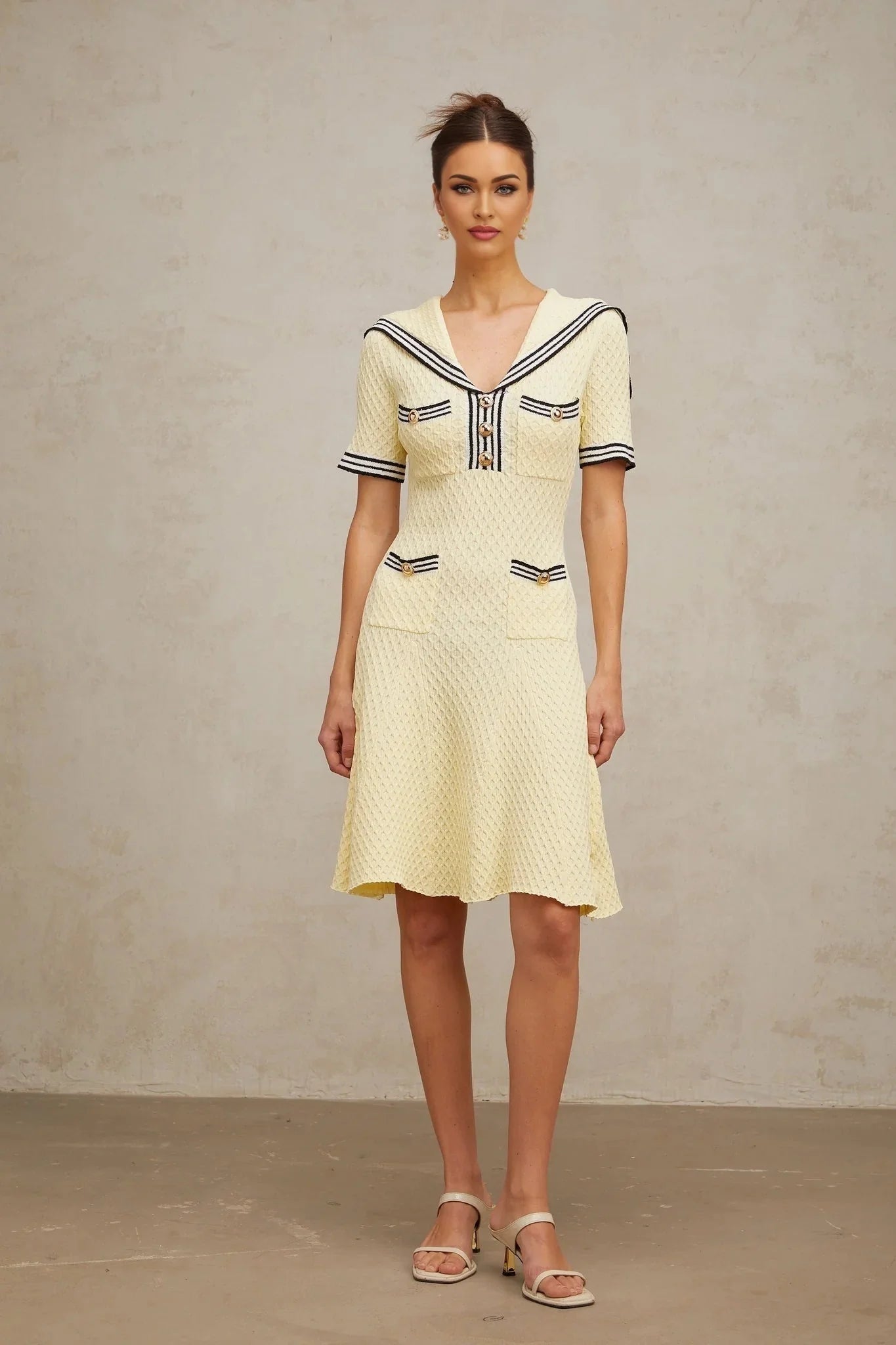 Paige Knitted Dress with Nautical Detail in Yellow