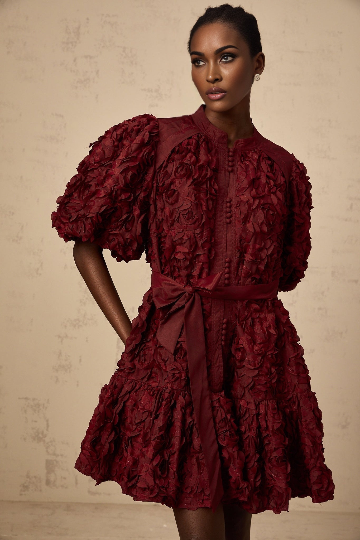 Paisley Mini Dress Red 3D Petal Puff Tied Waist