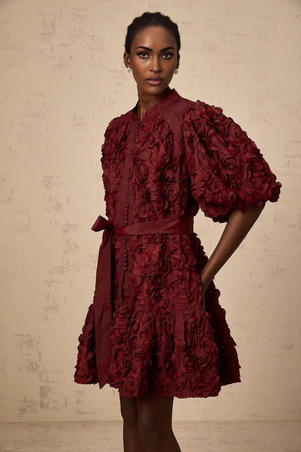 Paisley Mini Dress Red 3D Petal Puff Tied Waist