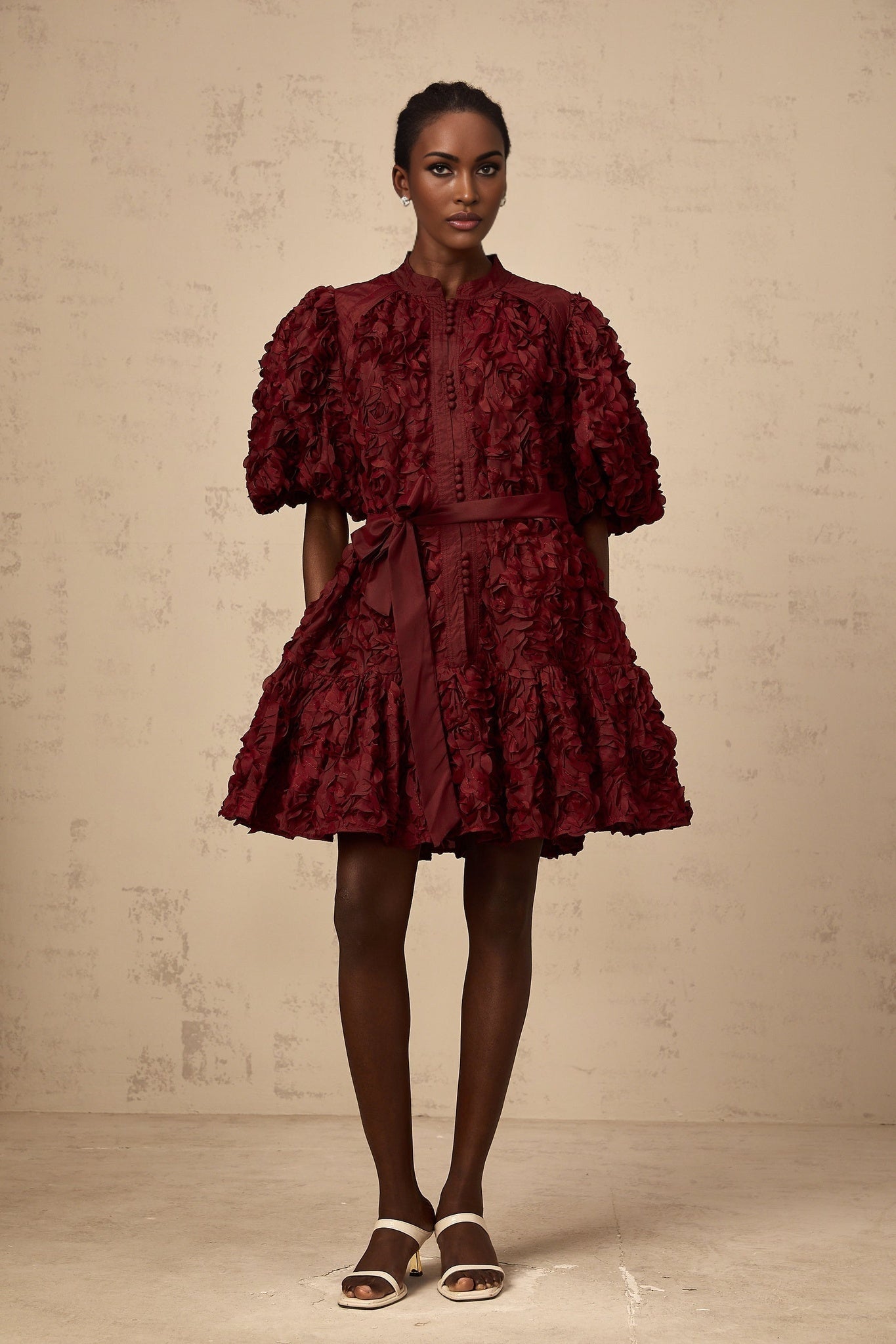 Paisley Mini Dress Red 3D Petal Puff Tied Waist