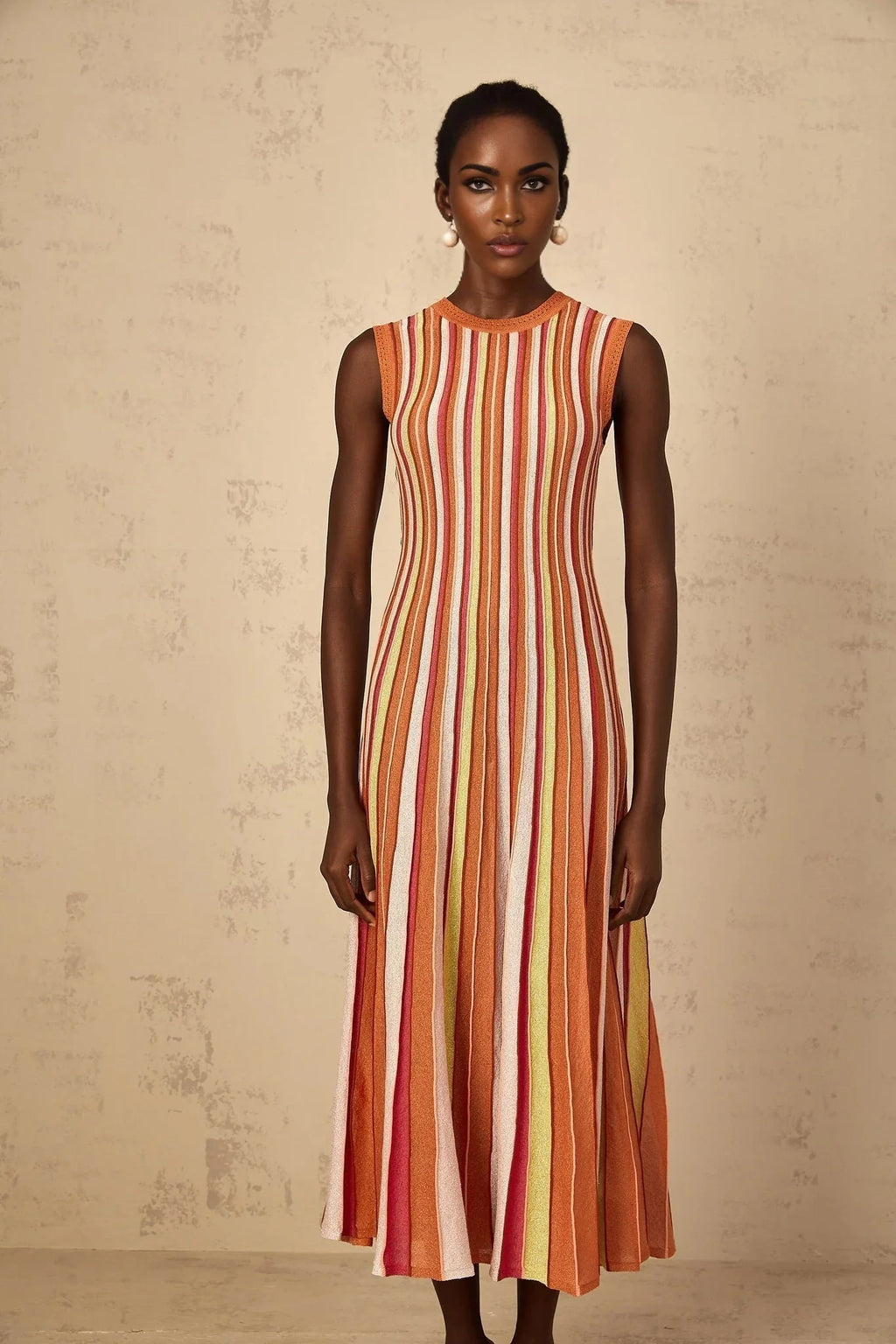 Paityn Midi Dress Orange Striped Knit Metallic Pleated Open Back