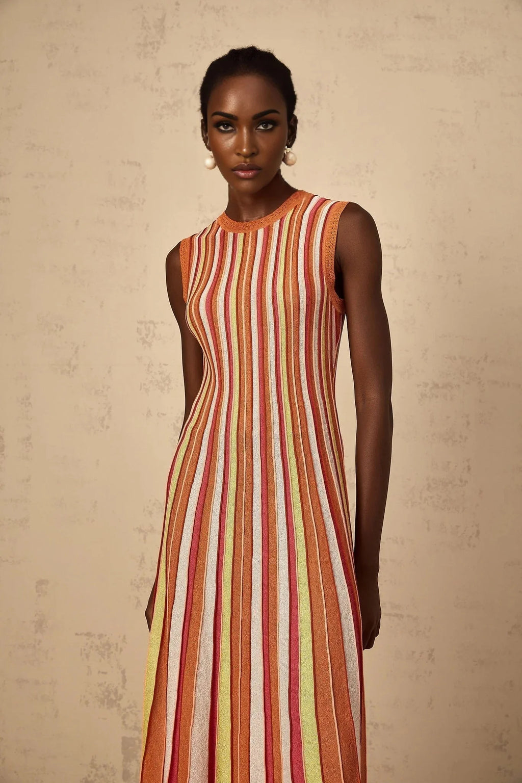 Paityn Midi Dress Orange Striped Knit Metallic Pleated Open Back