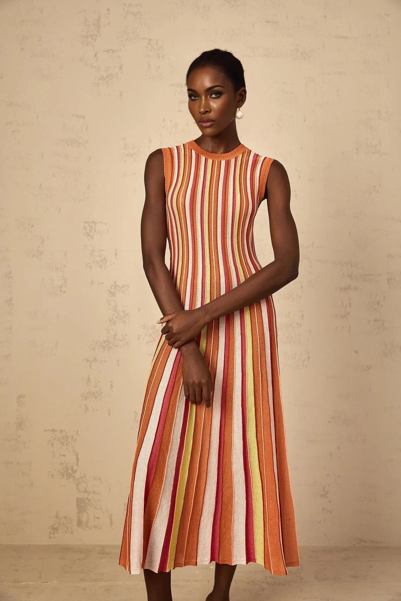 Paityn Midi Dress Orange Striped Knit Metallic Pleated Open Back