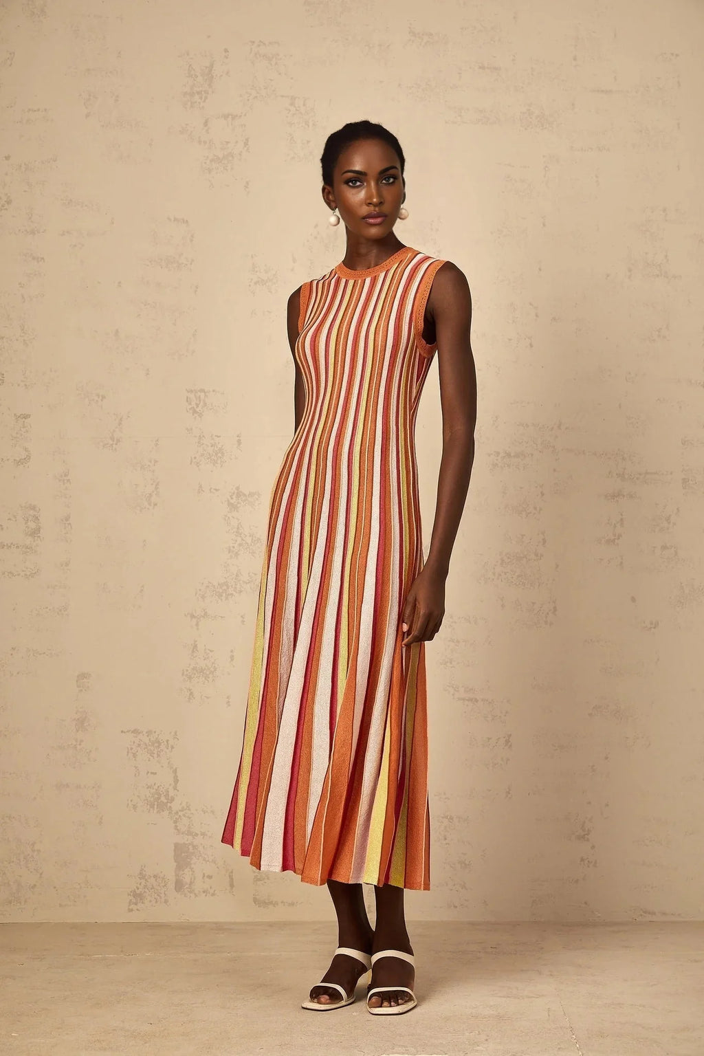 Paityn Midi Dress Orange Striped Knit Metallic Pleated Open Back