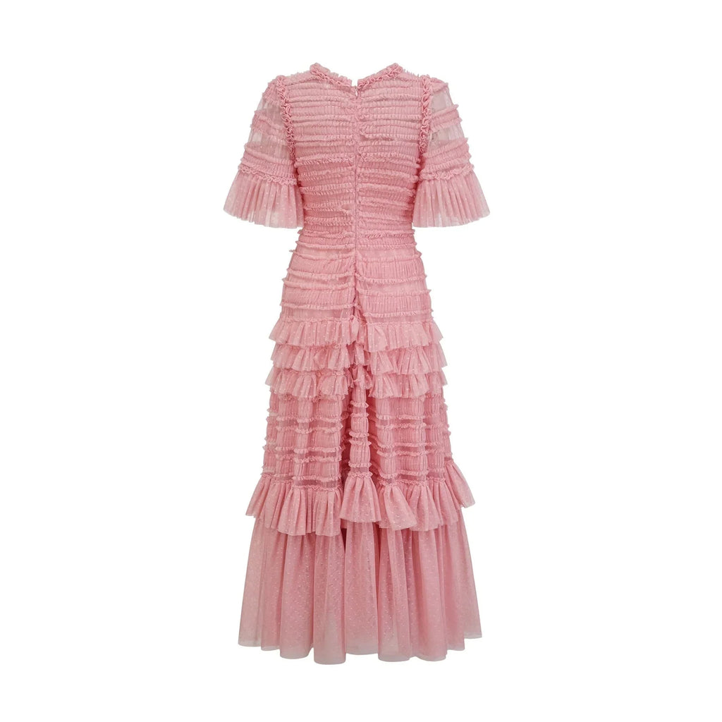 Paityn Midi Dress Pink Dot Ruffled Tulle Tiered Design Zip Fastening