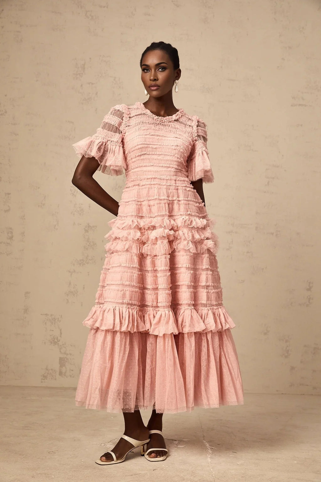 Paityn Midi Dress Pink Dot Ruffled Tulle Tiered Design Zip Fastening