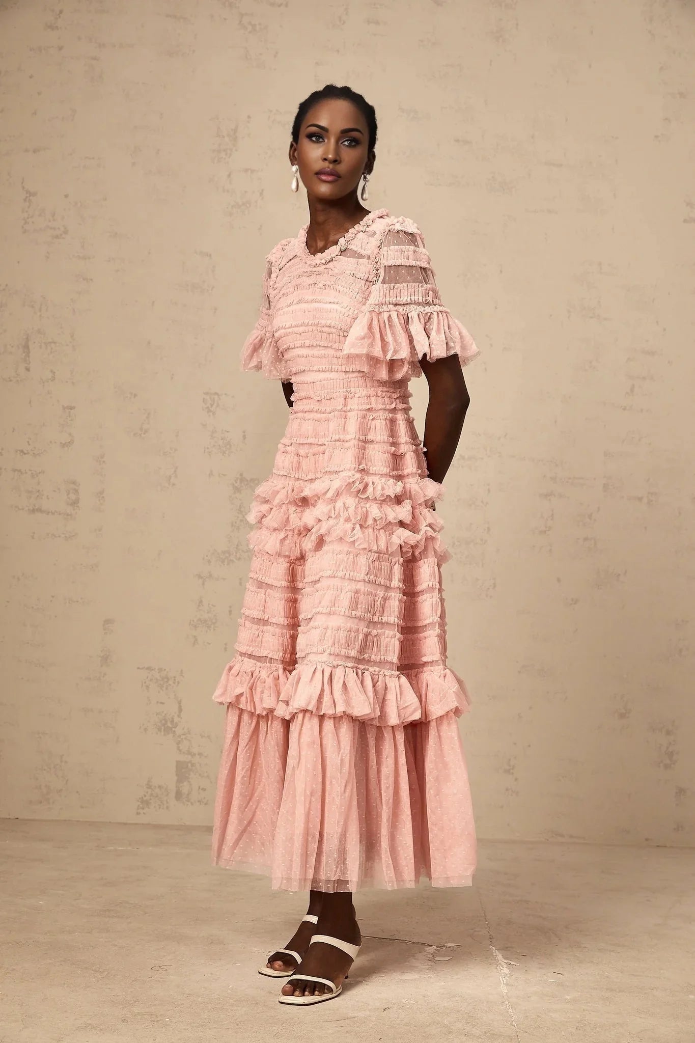 Paityn Midi Dress Pink Dot Ruffled Tulle Tiered Design Zip Fastening