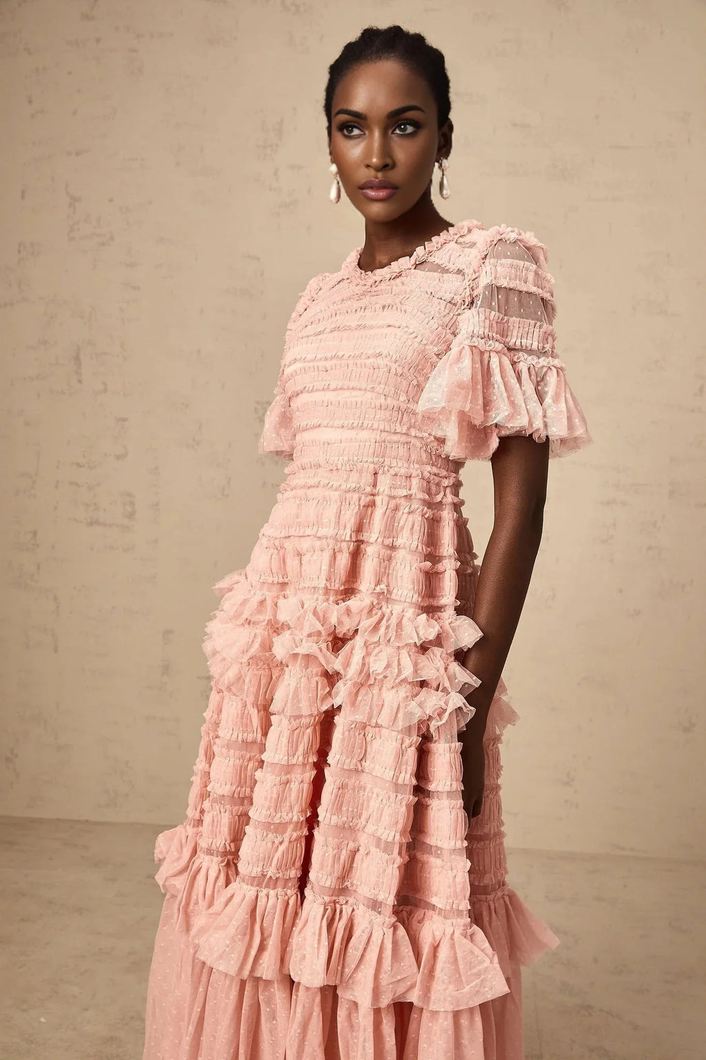 Paityn Midi Dress Pink Dot Ruffled Tulle Tiered Design Zip Fastening