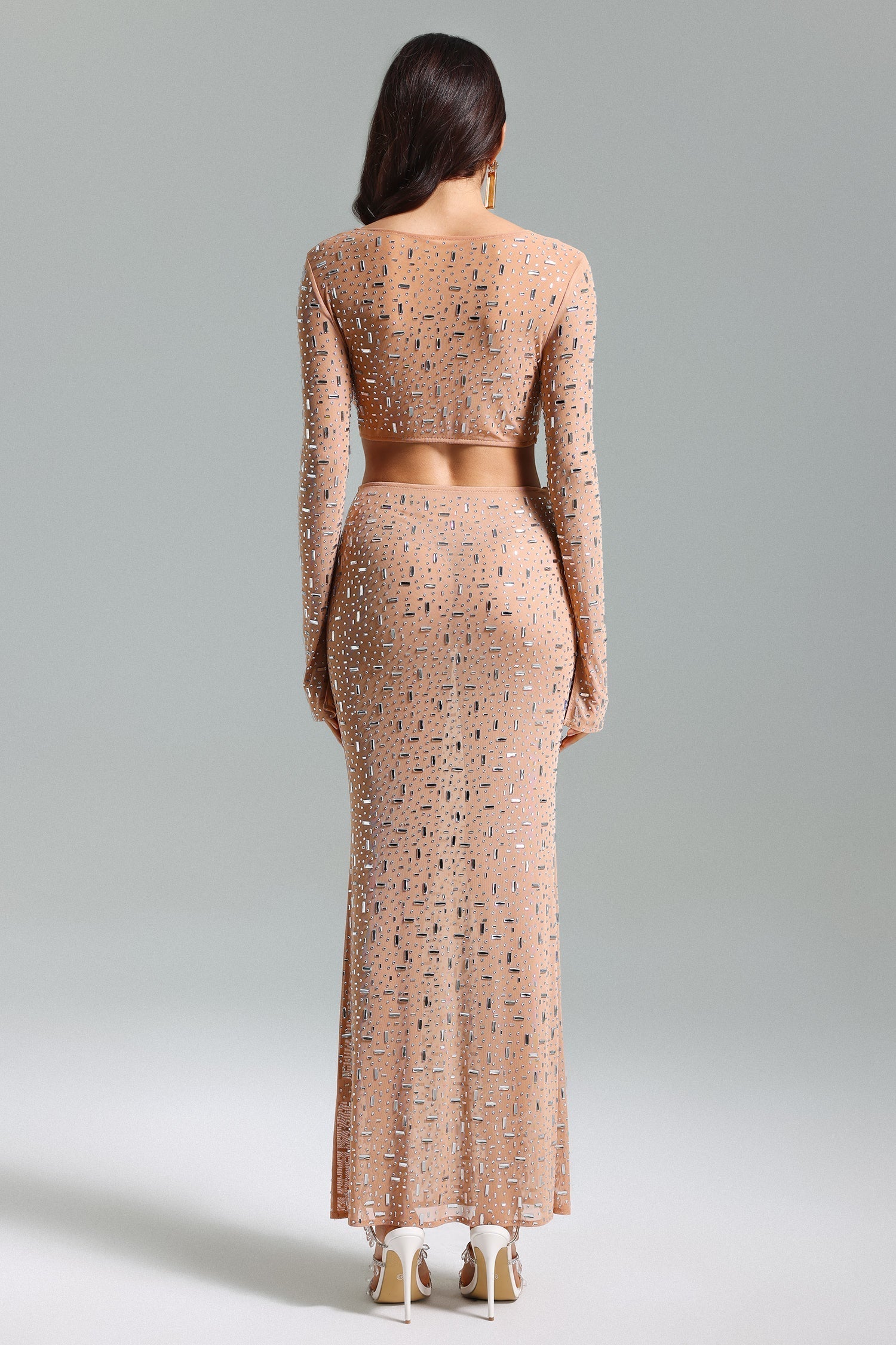 Palma Beige Diamante Detail Dress Square Collar Long Sleeves Elegant Silhouette Fitted Bodice Sleek Skirt Breathable Fabric Chic Sophisticated
