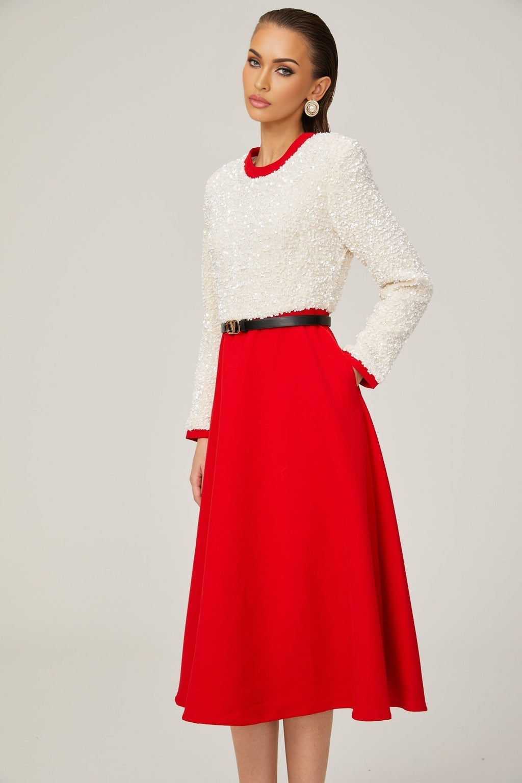 Palma Long Sleeve Midi Dress in Red