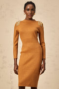 Palma Midi Dress Brown Ribbed Knit Epaulet Fitted Calf Length