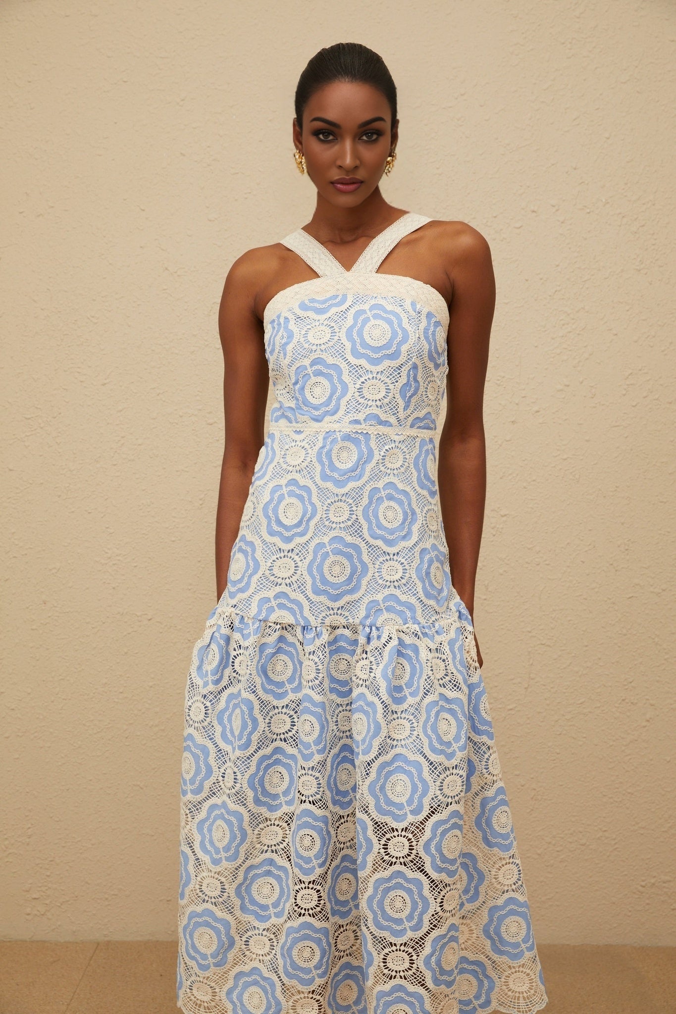 Palma Midi Dress - Sleeveless - Embroidered Design - Adjustable Straps - Scallop Hem - Crochet