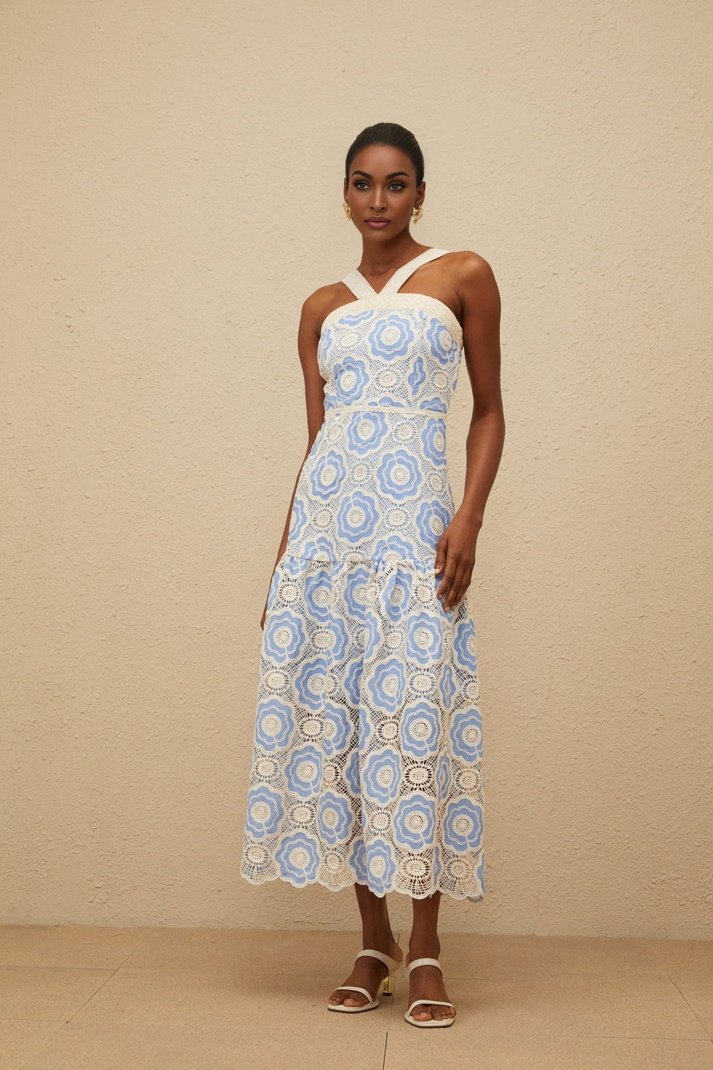 Palma Midi Dress - Sleeveless - Embroidered Design - Adjustable Straps - Scallop Hem - Crochet