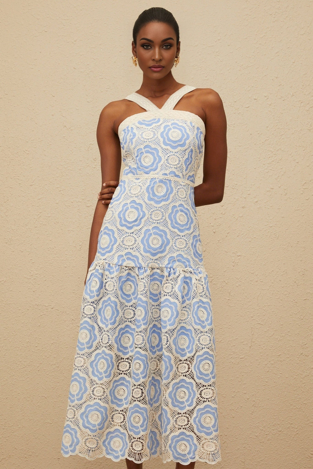 Palma Midi Dress - Sleeveless - Embroidered Design - Adjustable Straps - Scallop Hem - Crochet