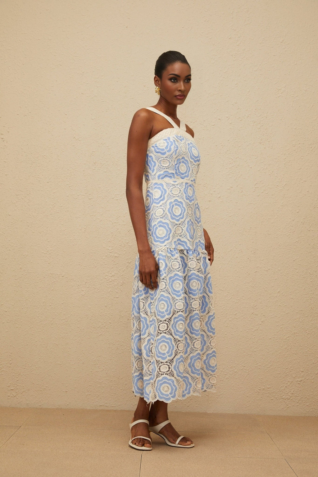 Palma Midi Dress - Sleeveless - Embroidered Design - Adjustable Straps - Scallop Hem - Crochet