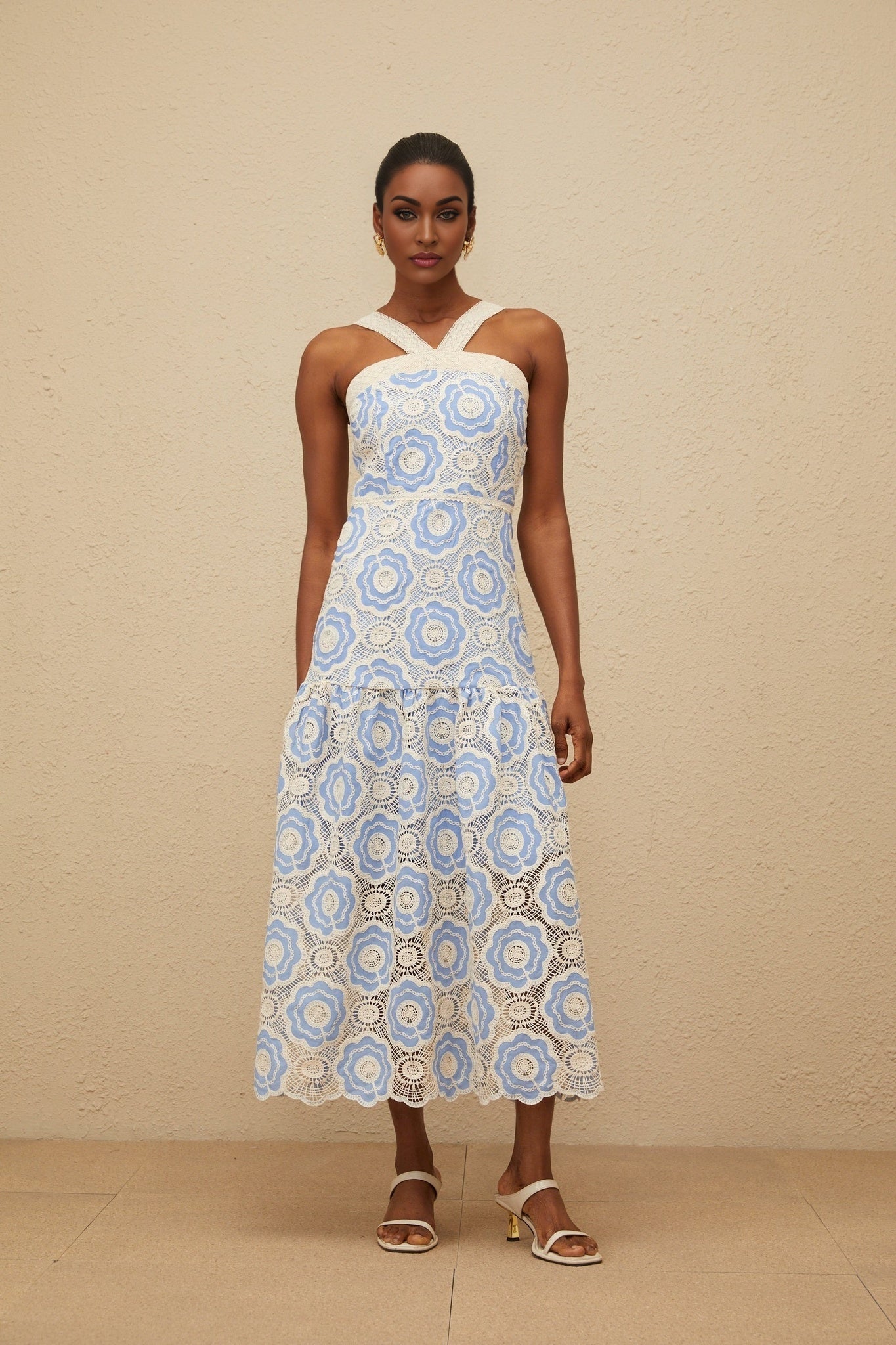 Palma Midi Dress - Sleeveless - Embroidered Design - Adjustable Straps - Scallop Hem - Crochet