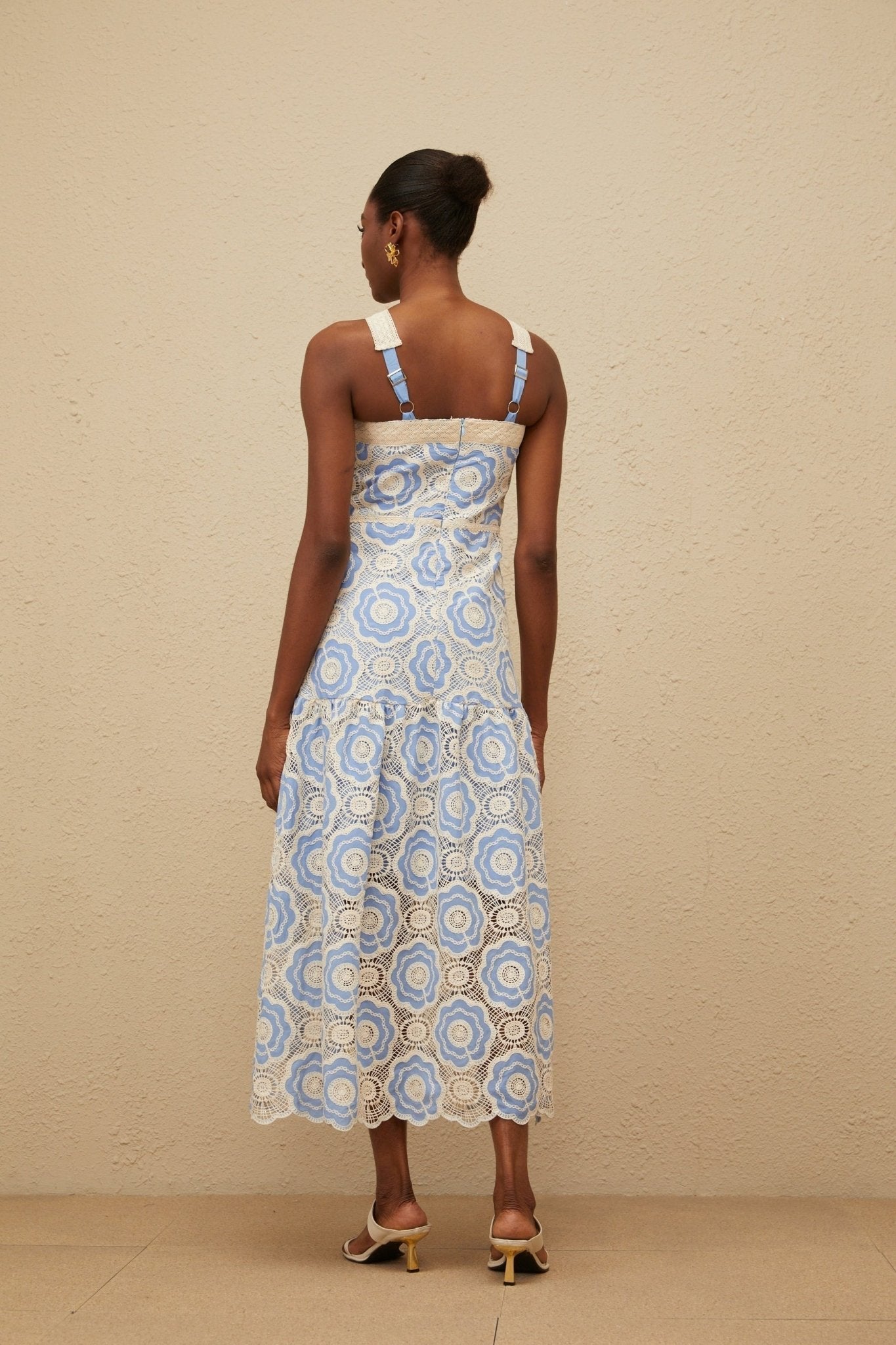 Palma Midi Dress - Sleeveless - Embroidered Design - Adjustable Straps - Scallop Hem - Crochet