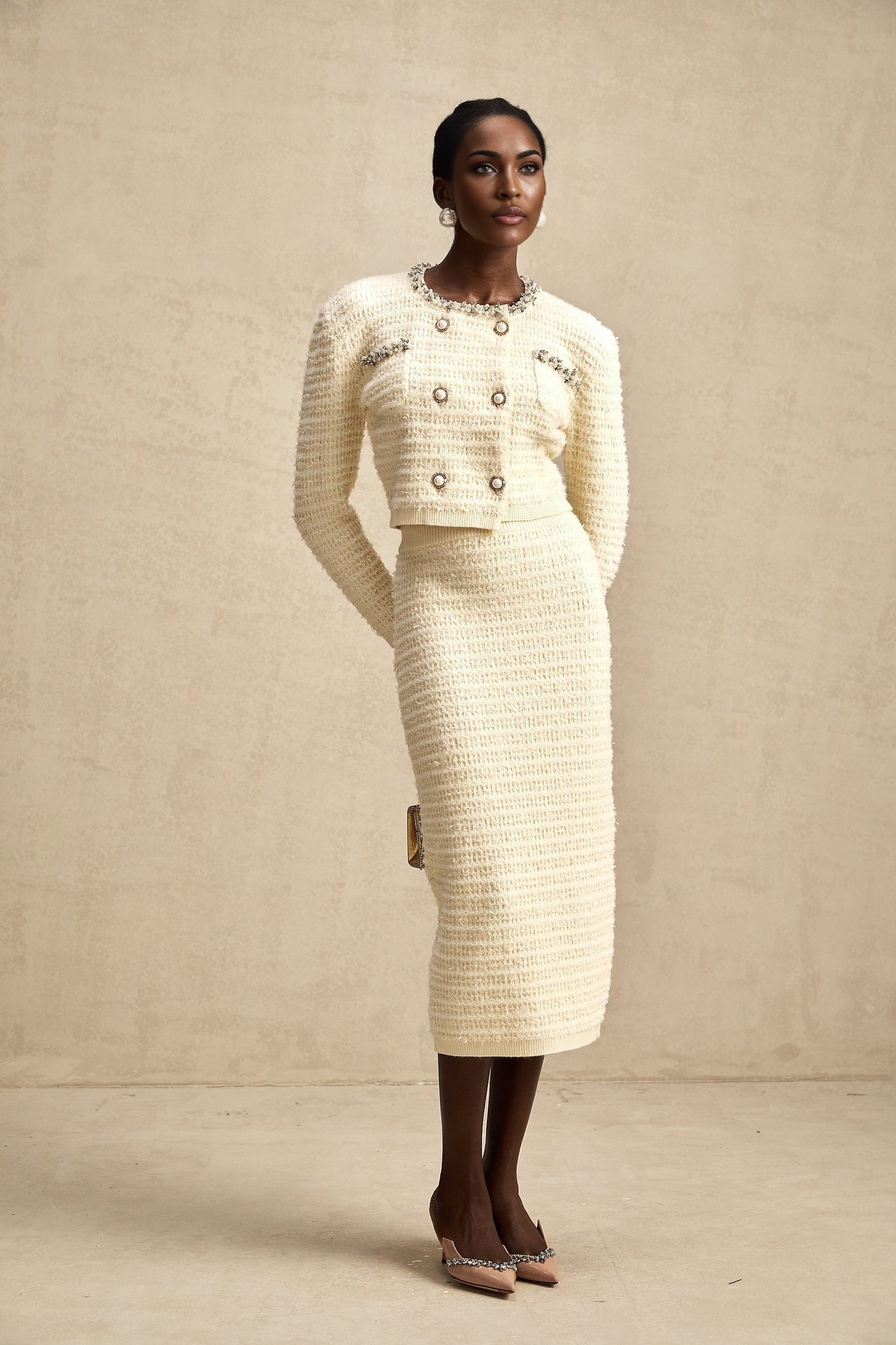 Palma Neutrals Bead Rhinestone Embellished Cardigan & Skirt