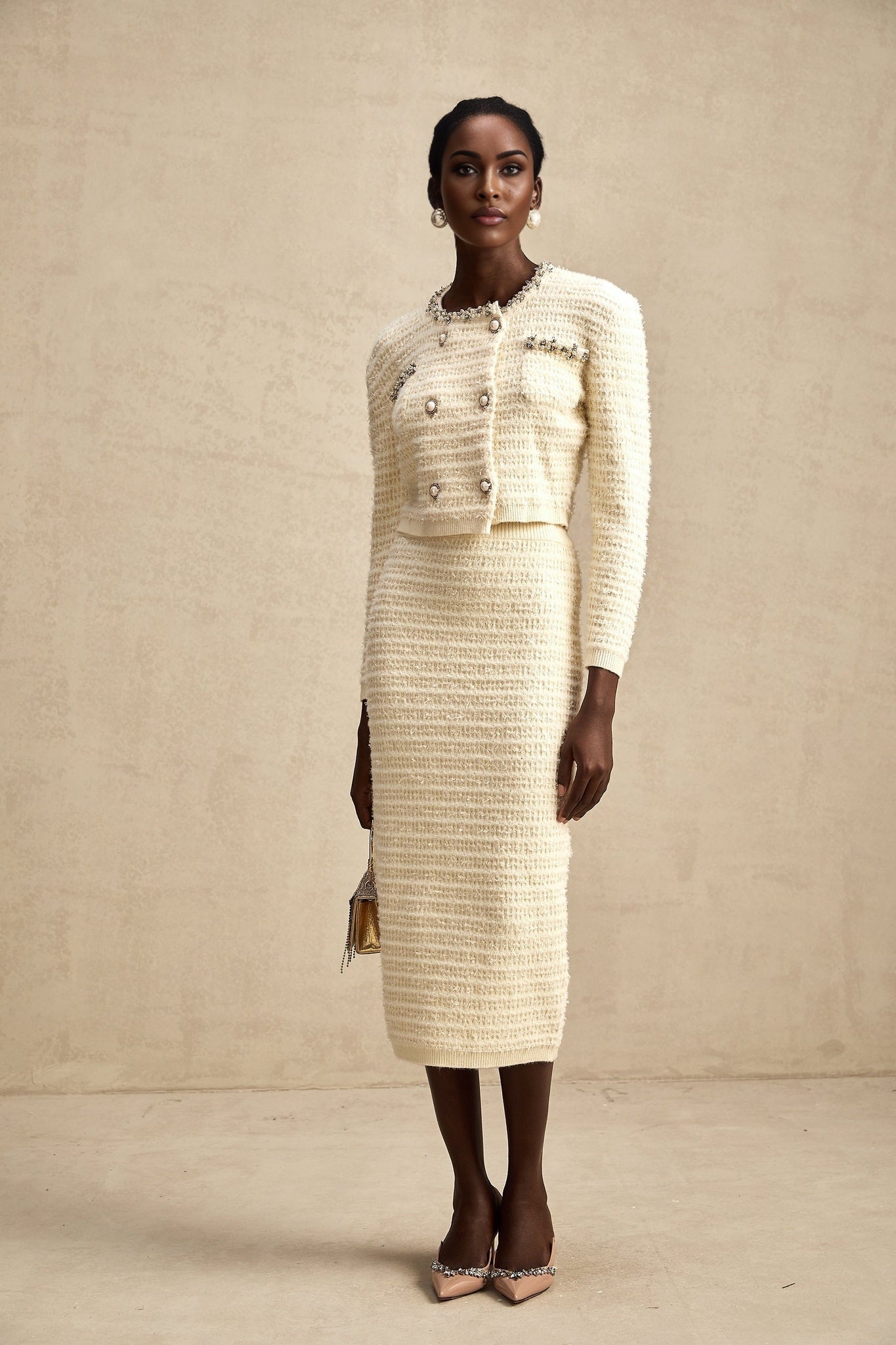 Palma Neutrals Bead Rhinestone Embellished Cardigan & Skirt