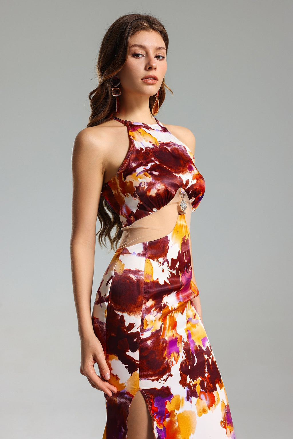 Palma Orange Floral Halter Dress with Side Slit and Mesh Accents for Women