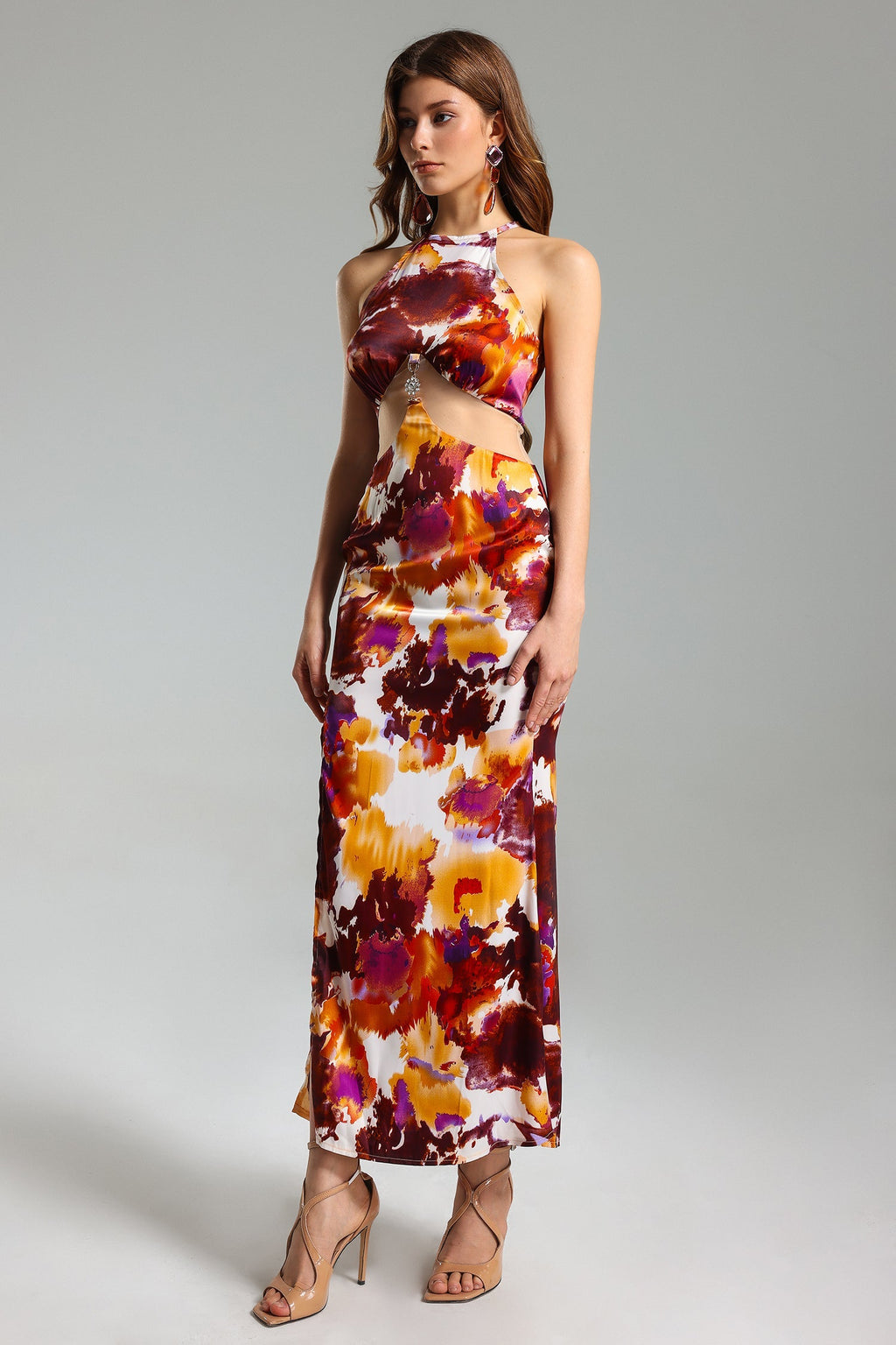 Palma Orange Floral Halter Dress with Side Slit and Mesh Accents for Women