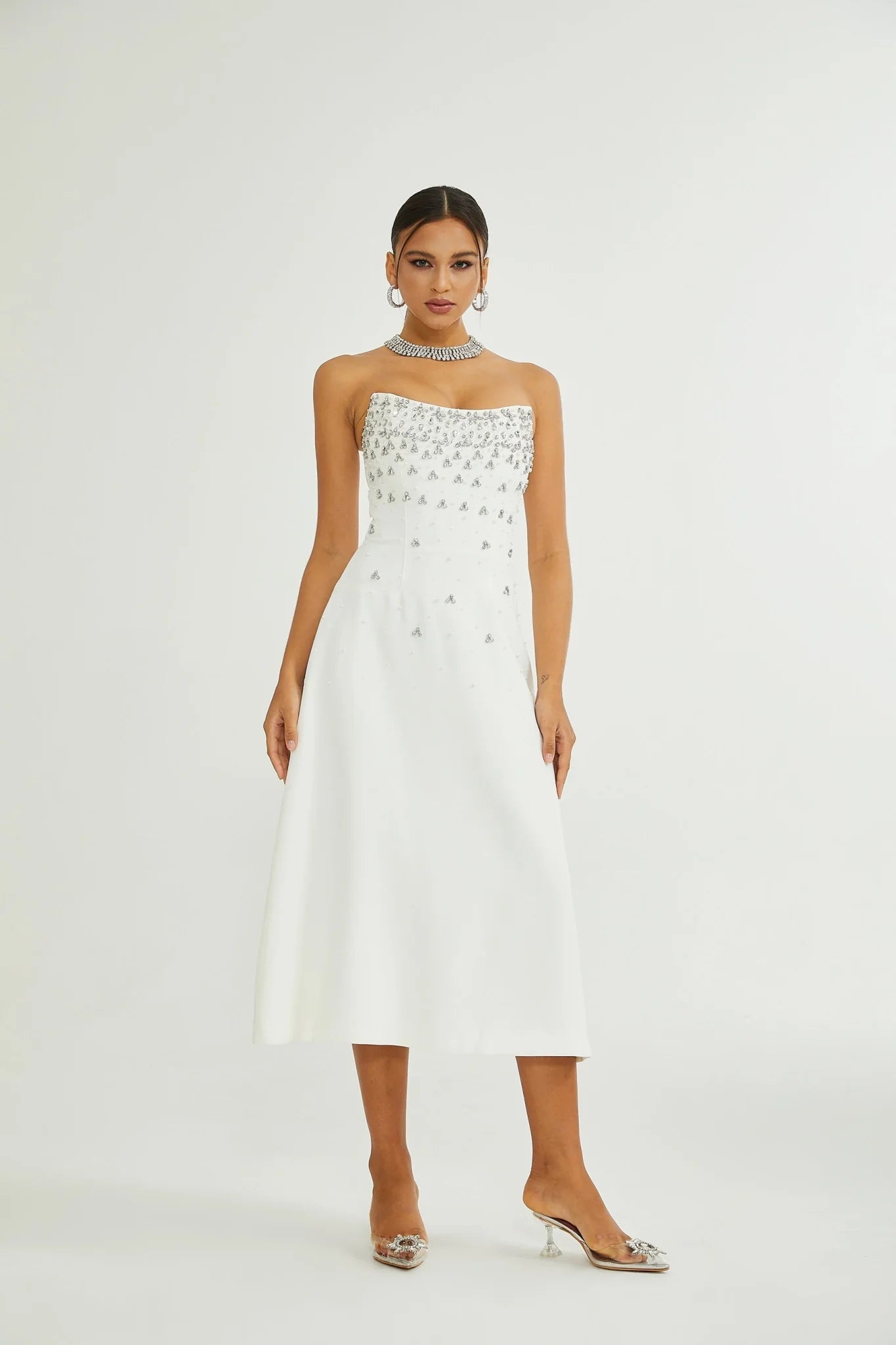Paloma Midi Dress White Embellished Off the Shoulder Zip Fastening