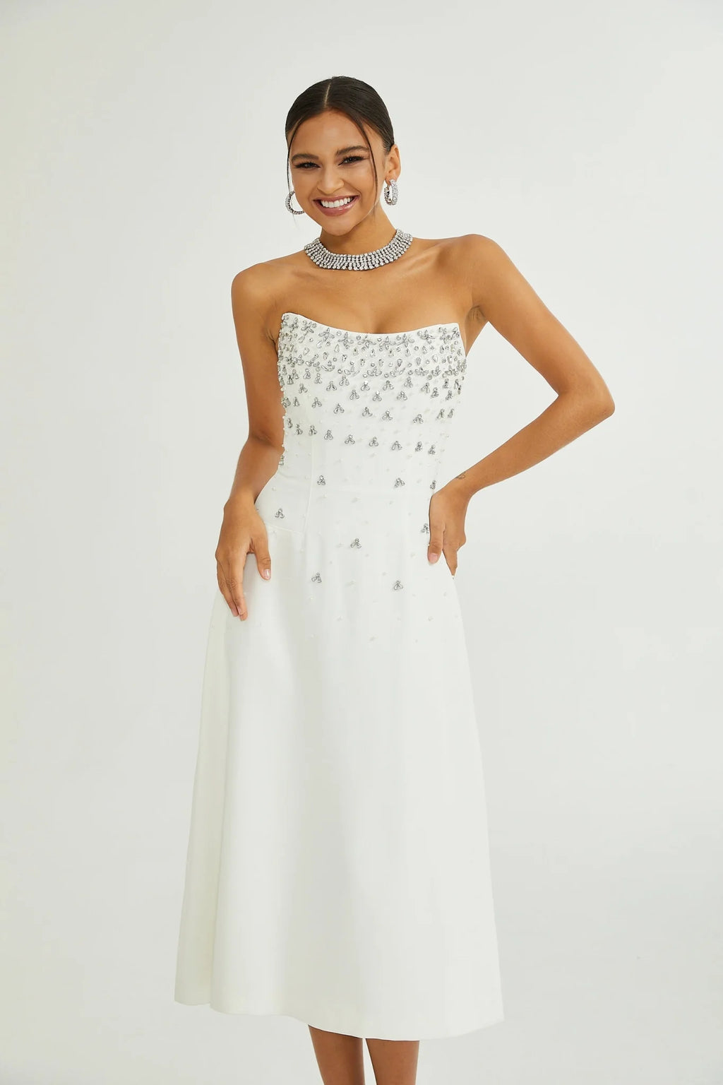 Paloma Midi Dress White Embellished Off the Shoulder Zip Fastening