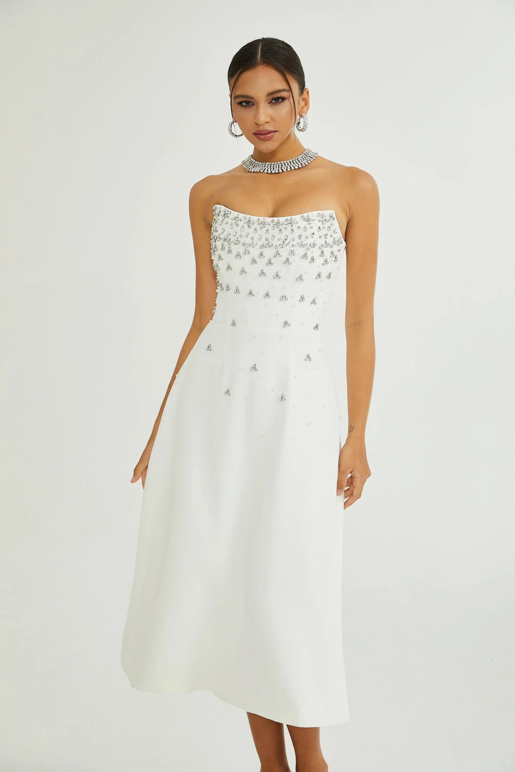 Paloma Midi Dress White Embellished Off the Shoulder Zip Fastening
