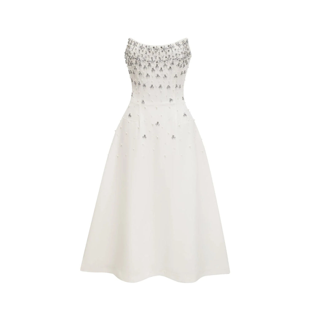Paloma Midi Dress White Embellished Off the Shoulder Zip Fastening