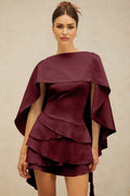 Paloma Mini Dress Red Satin Shawl Ruffle Thigh - Length Tie - Back