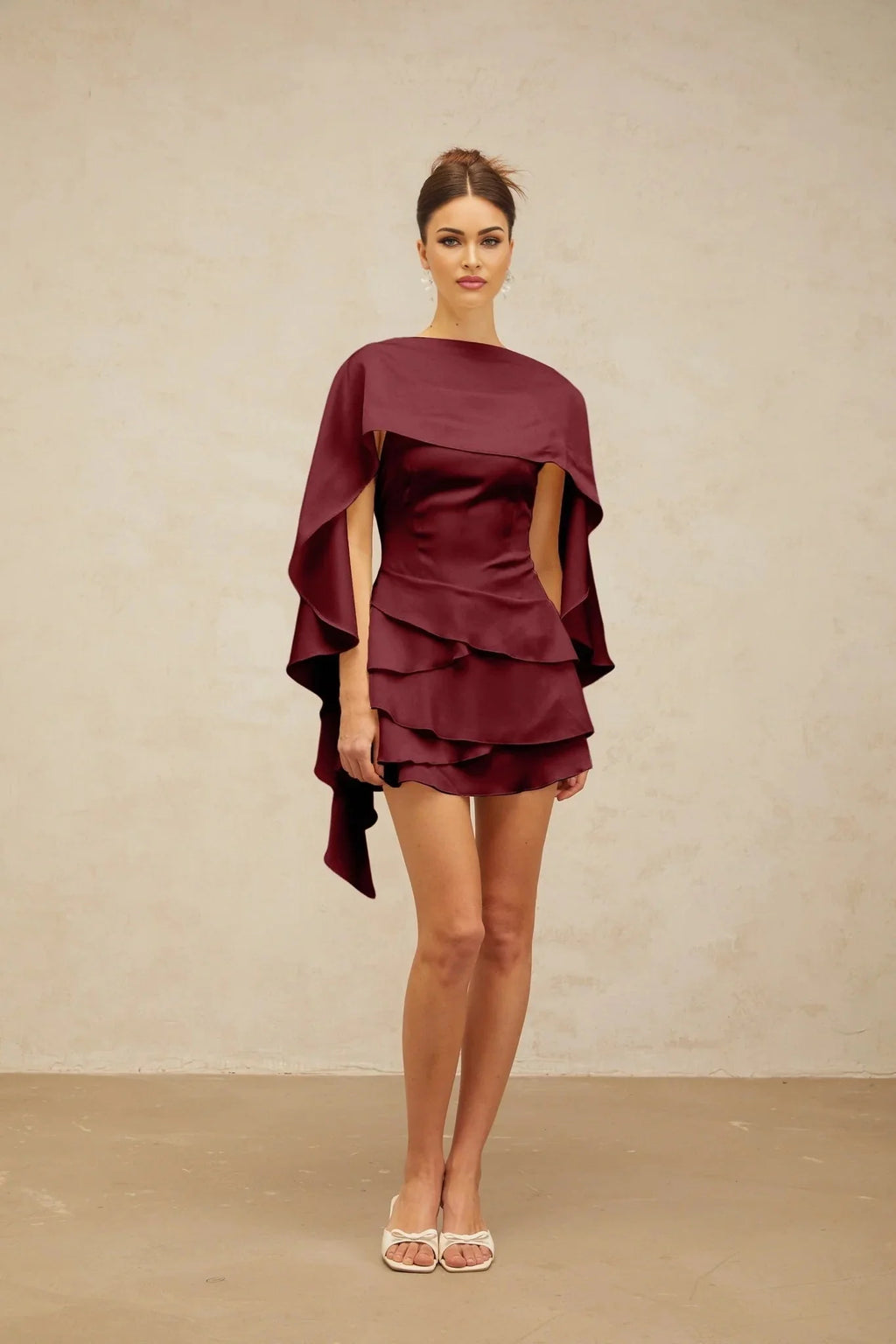 Paloma Mini Dress Red Satin Shawl Ruffle Thigh - Length Tie - Back