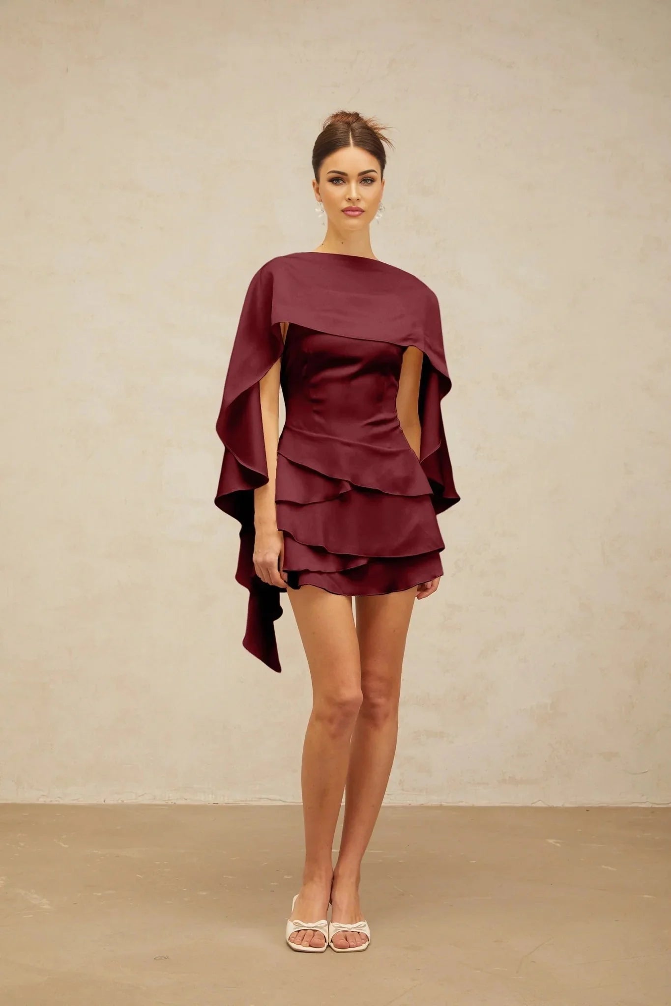 Paloma Mini Dress Red Satin Shawl Ruffle Thigh - Length Tie - Back