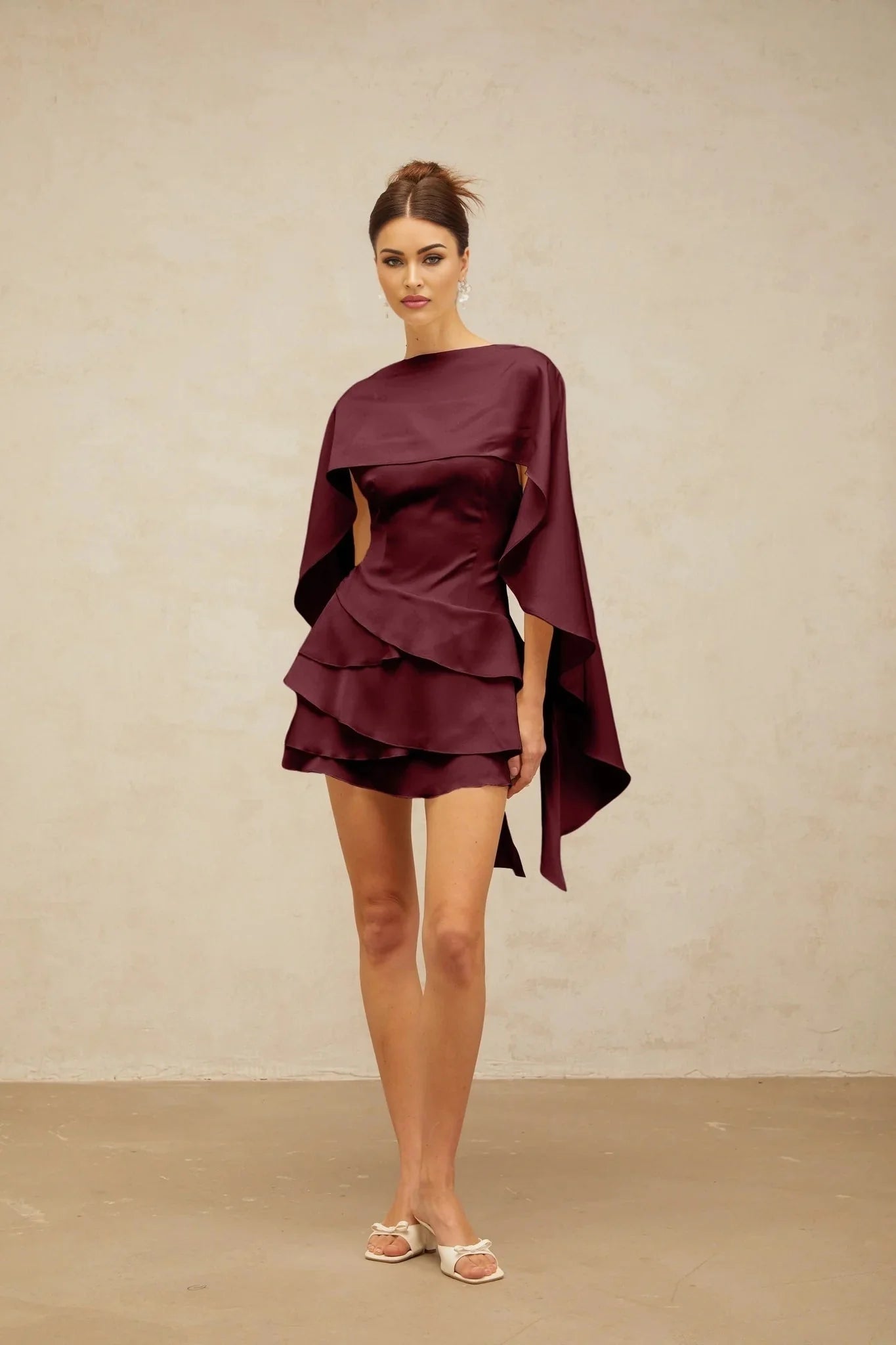 Paloma Mini Dress Red Satin Shawl Ruffle Thigh - Length Tie - Back