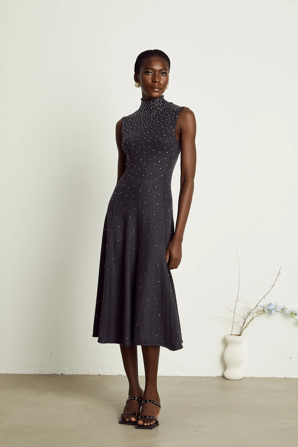 Paola Midi Dress Black Ribbed Knit Rhinestone Embellished Calf Length