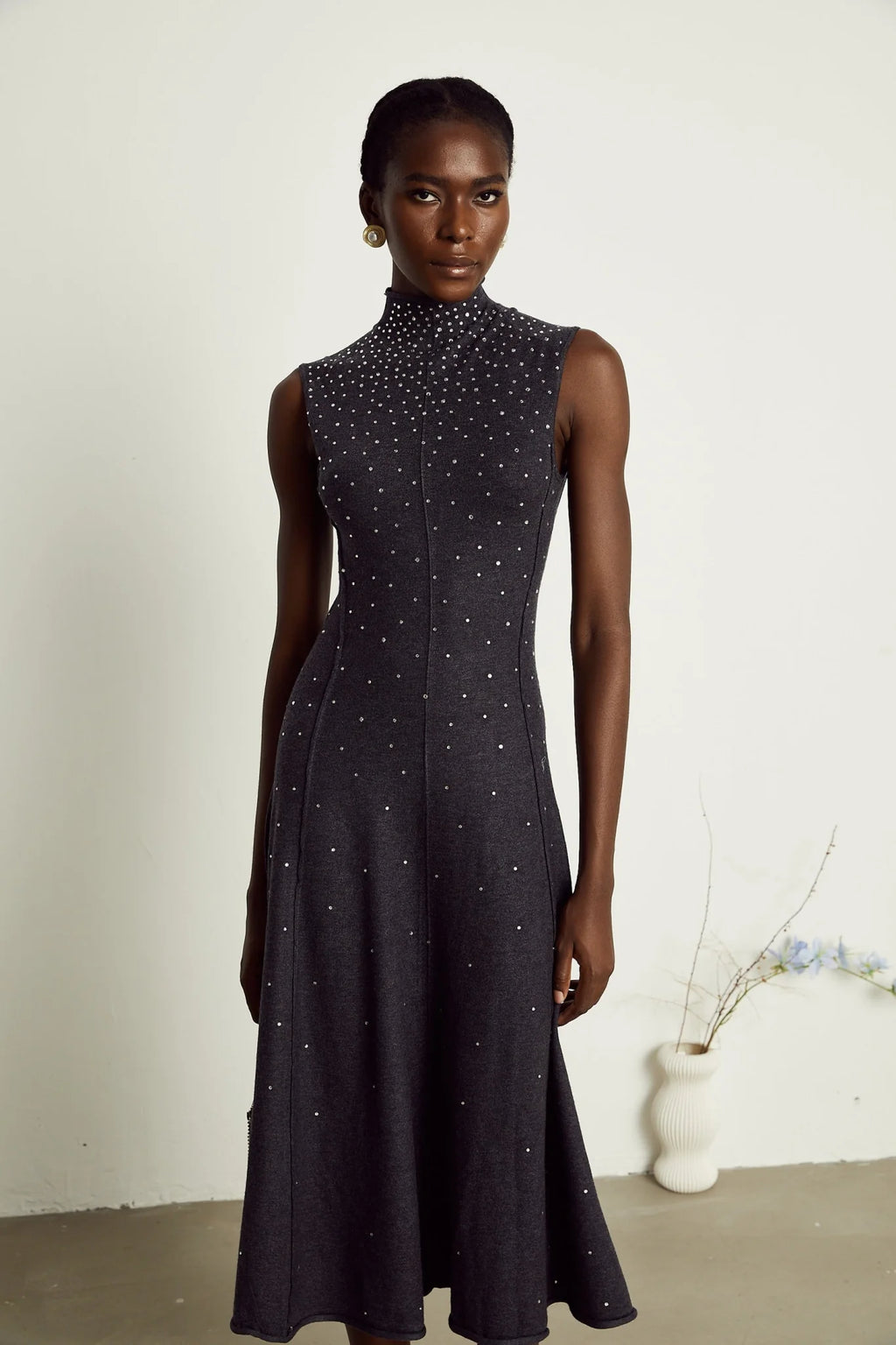 Paola Midi Dress Black Ribbed Knit Rhinestone Embellished Calf Length