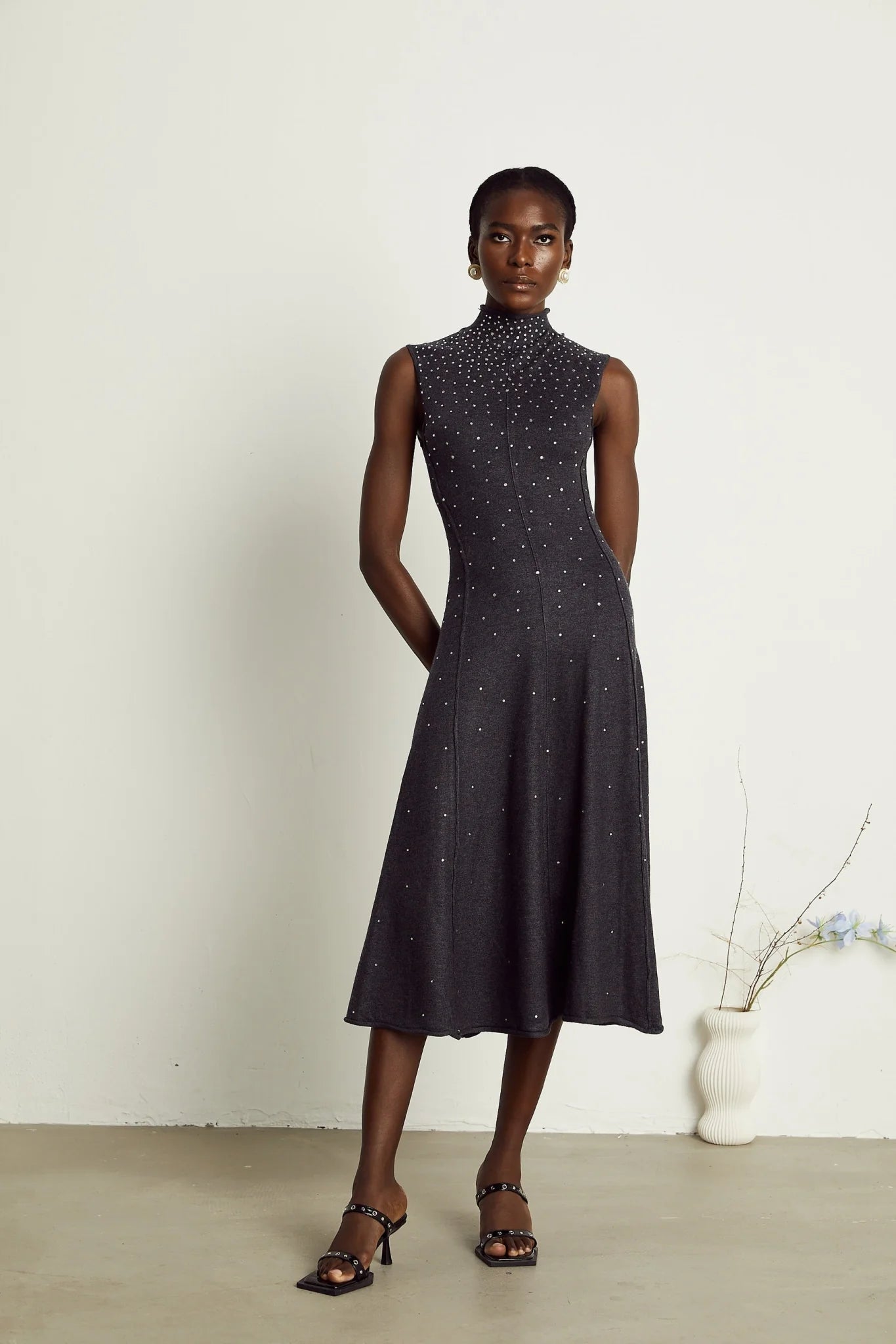 Paola Midi Dress Black Ribbed Knit Rhinestone Embellished Calf Length