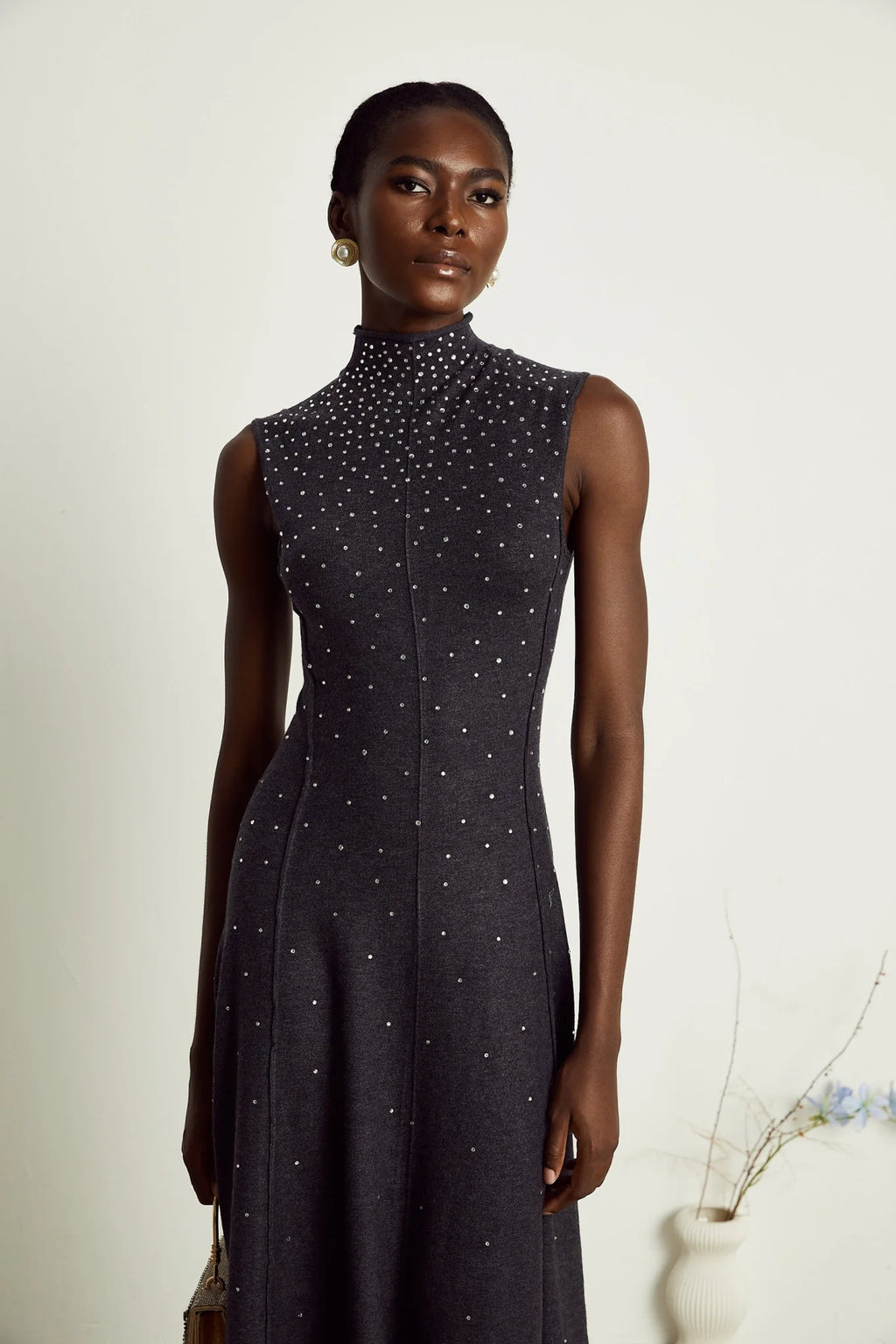 Paola Midi Dress Black Ribbed Knit Rhinestone Embellished Calf Length