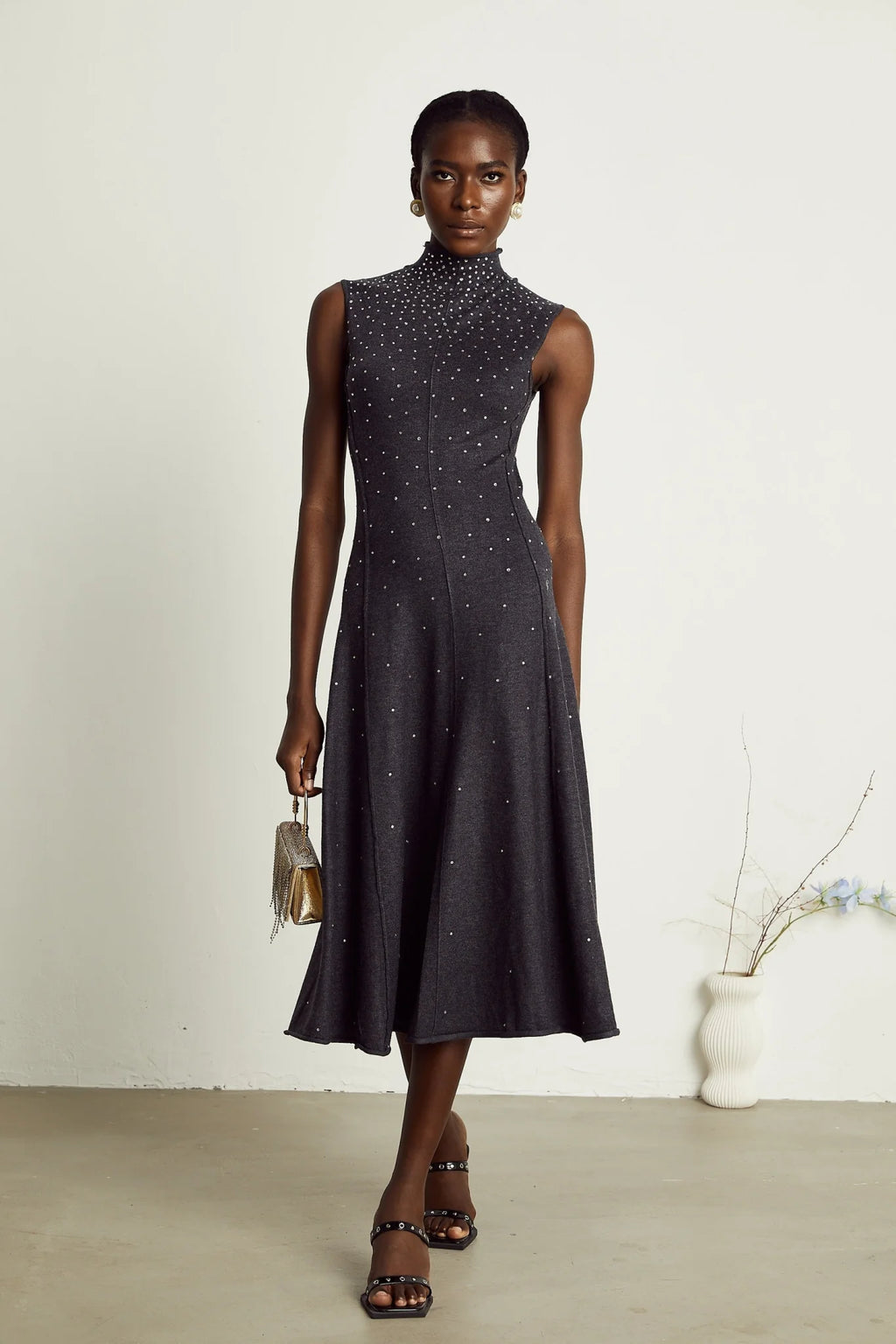 Paola Midi Dress Black Ribbed Knit Rhinestone Embellished Calf Length
