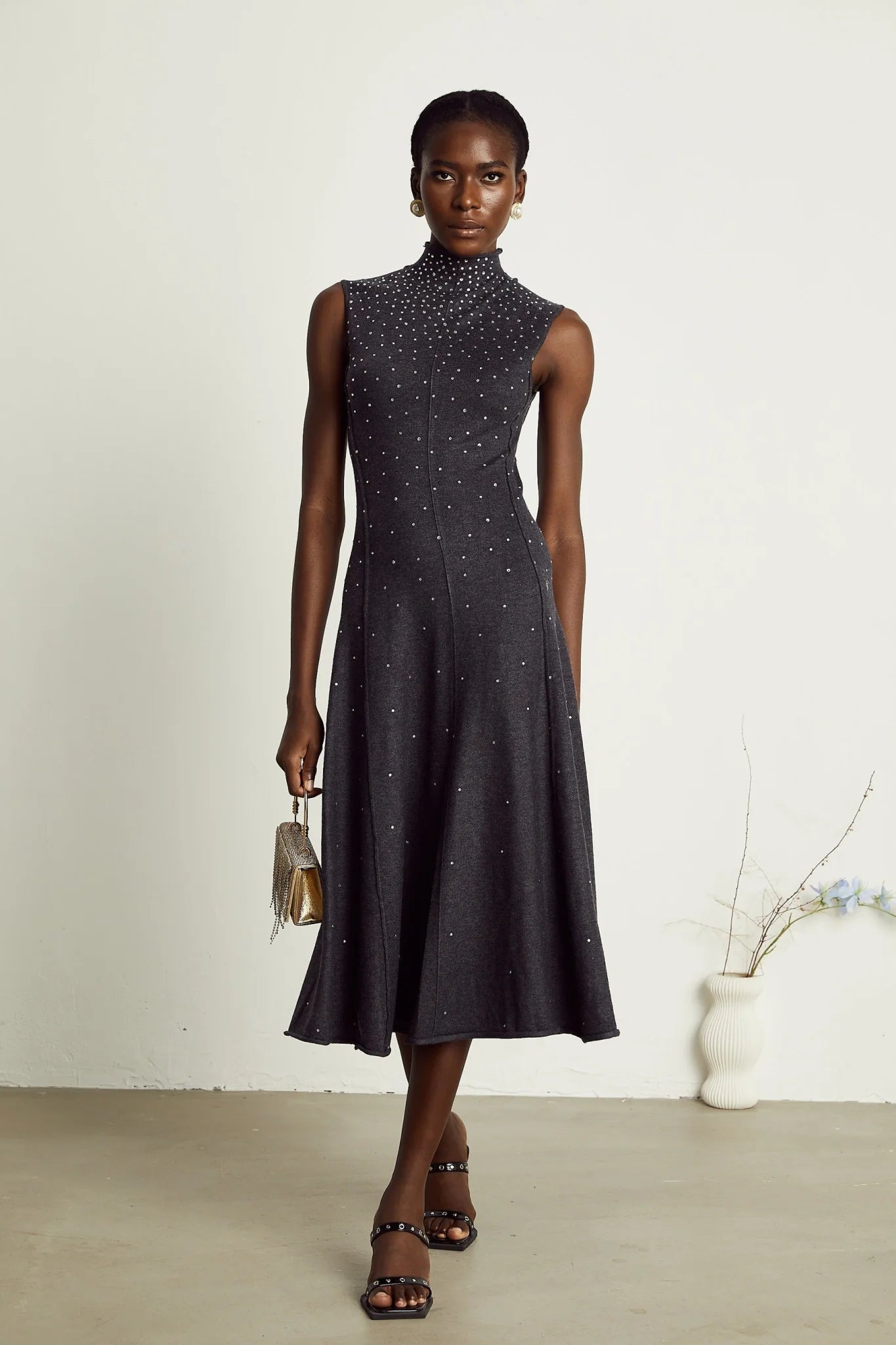 Paola Midi Dress Black Ribbed Knit Rhinestone Embellished Calf Length