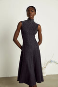Paola Midi Dress Black Ribbed Knit Rhinestone Embellished Calf Length