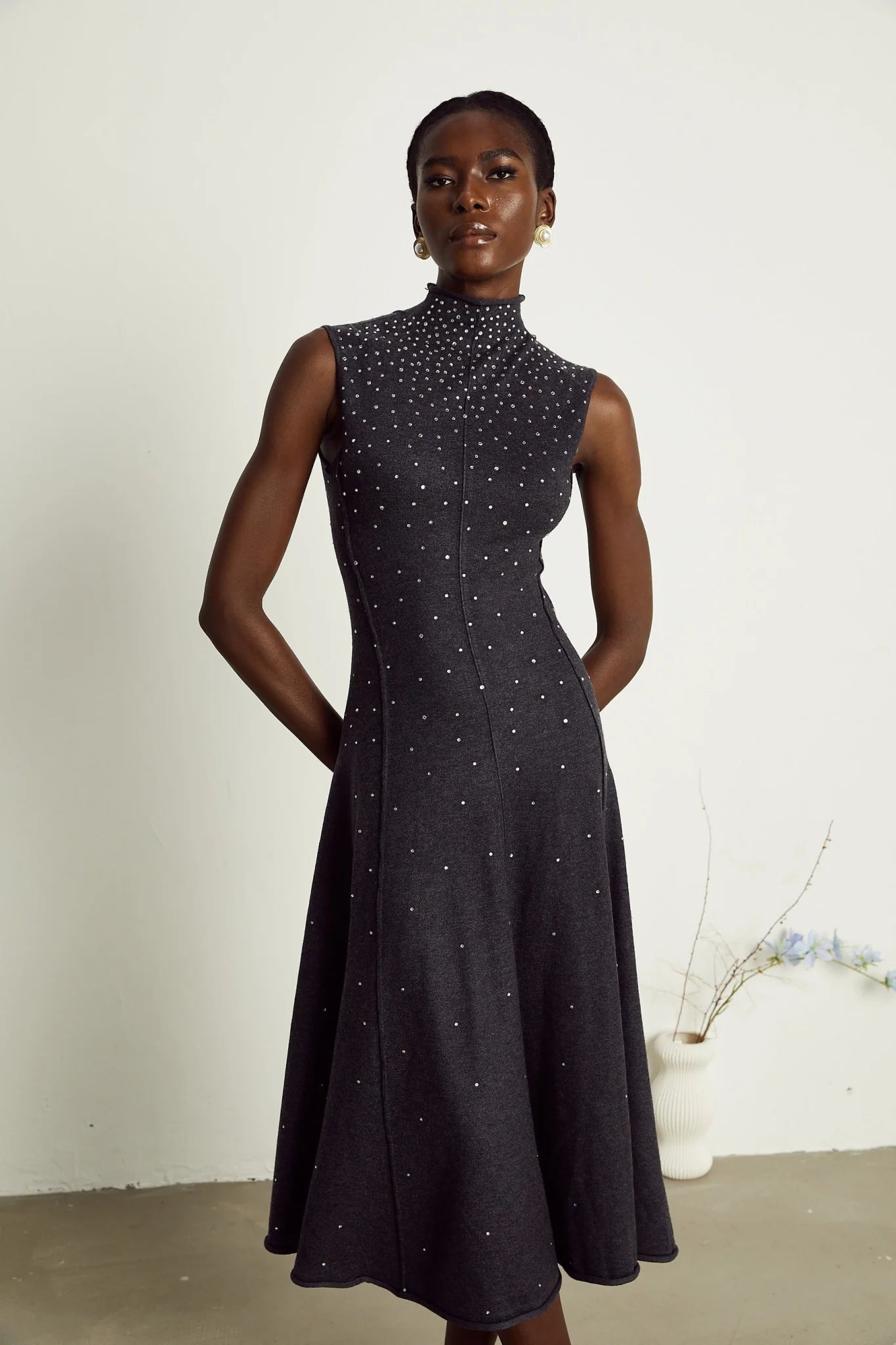 Paola Midi Dress Black Ribbed Knit Rhinestone Embellished Calf Length