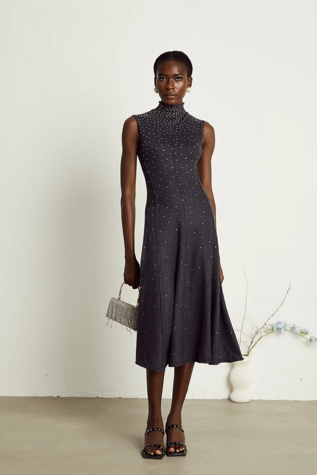 Paola Midi Dress Black Ribbed Knit Rhinestone Embellished Calf Length