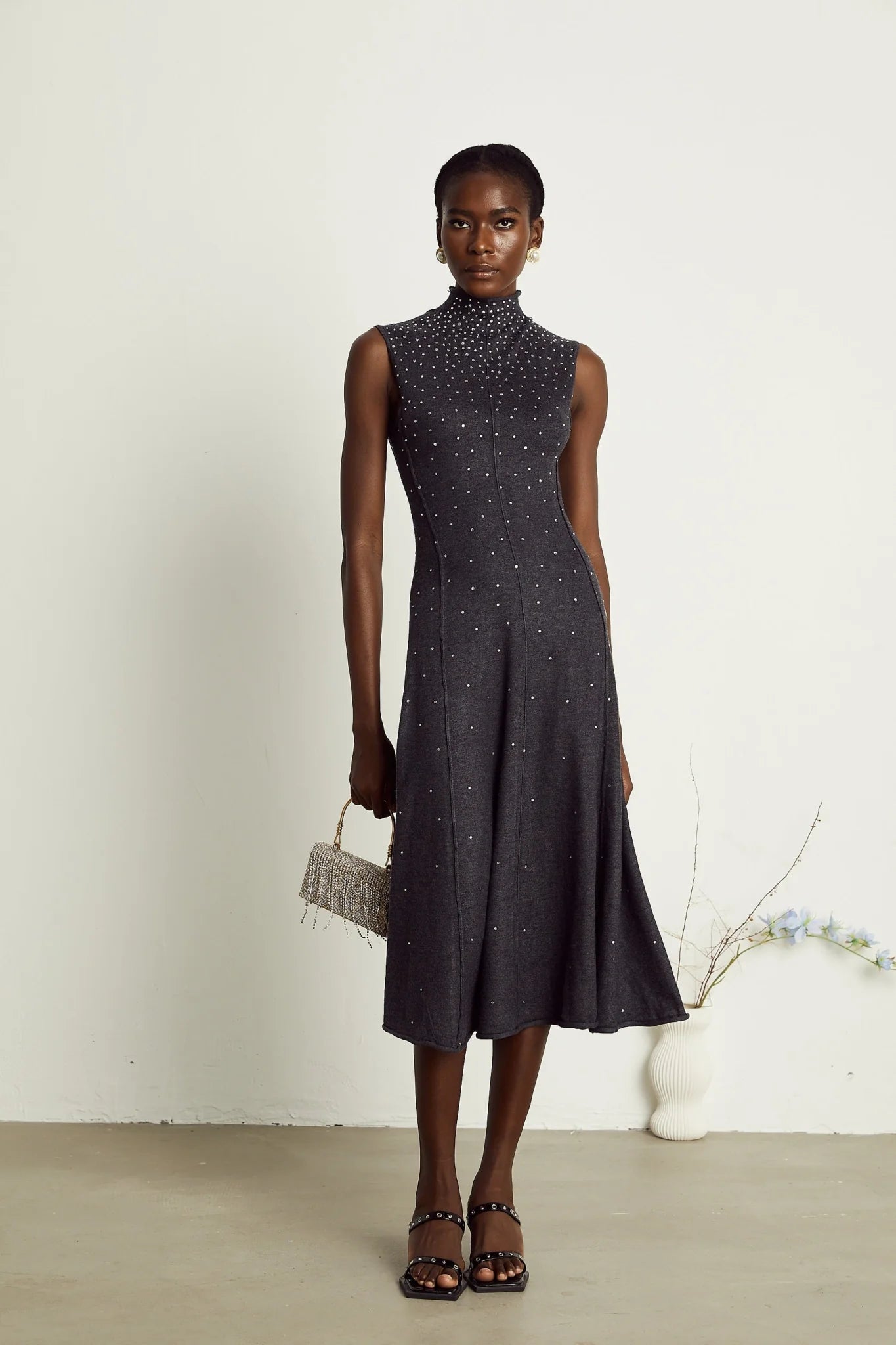 Paola Midi Dress Black Ribbed Knit Rhinestone Embellished Calf Length
