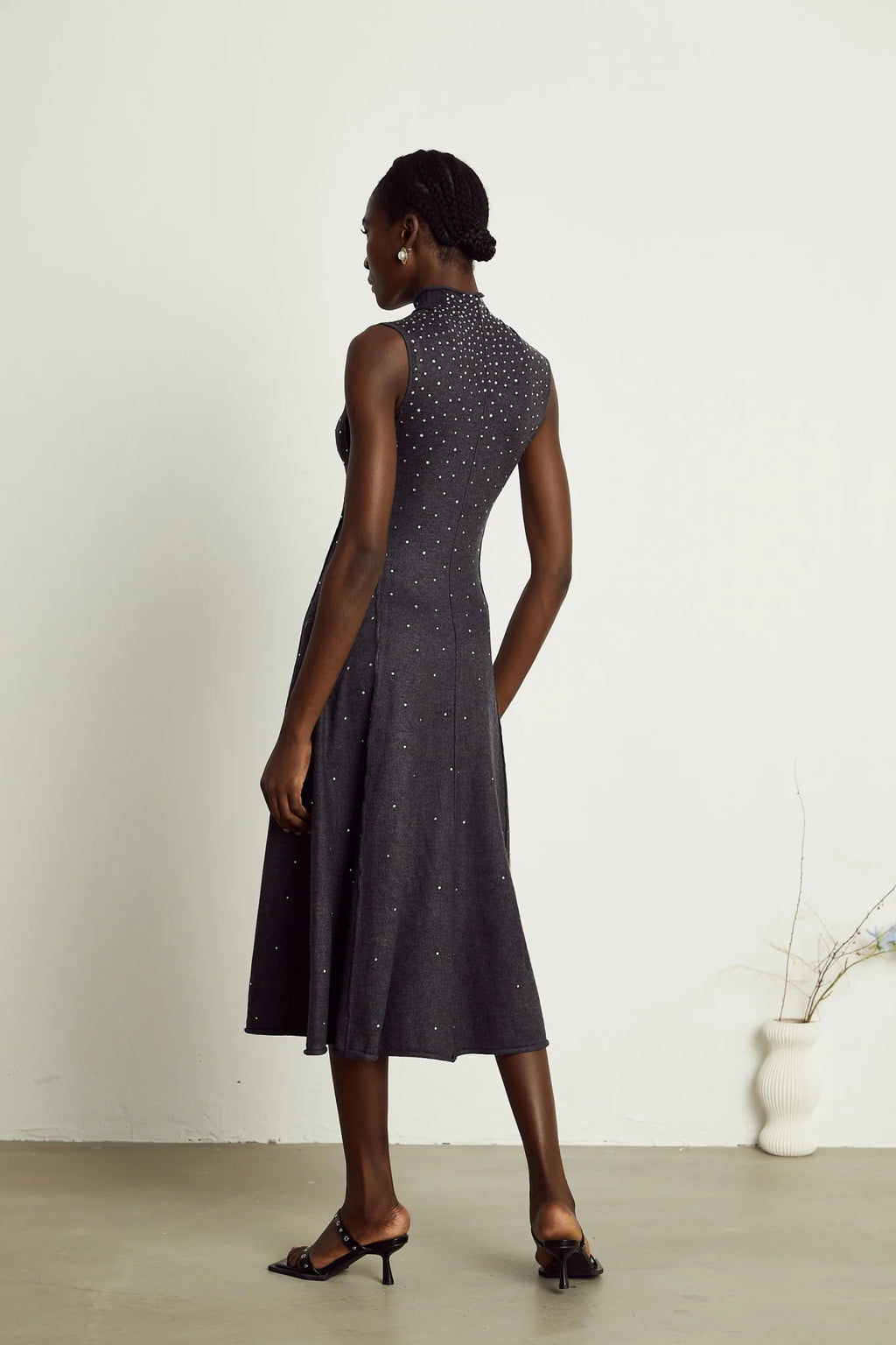 Paola Midi Dress Black Ribbed Knit Rhinestone Embellished Calf Length