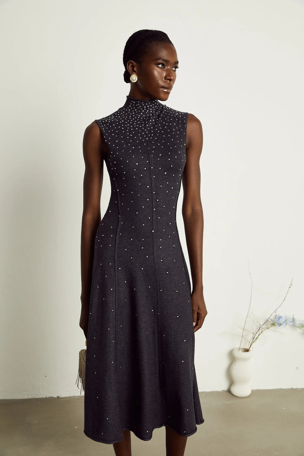 Paola Midi Dress Black Ribbed Knit Rhinestone Embellished Calf Length