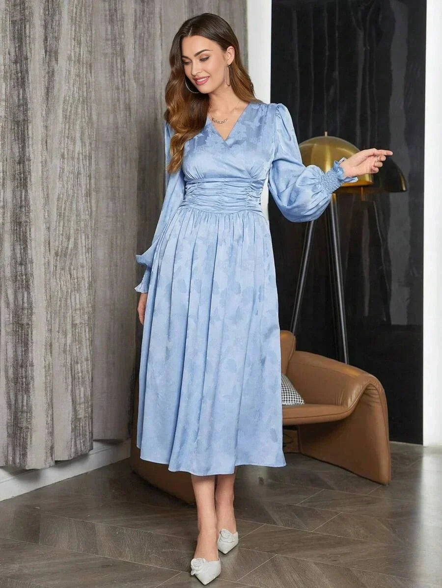 Paola Midi Dress - V Neck - Bishop Sleeve - High Waist - Elegant