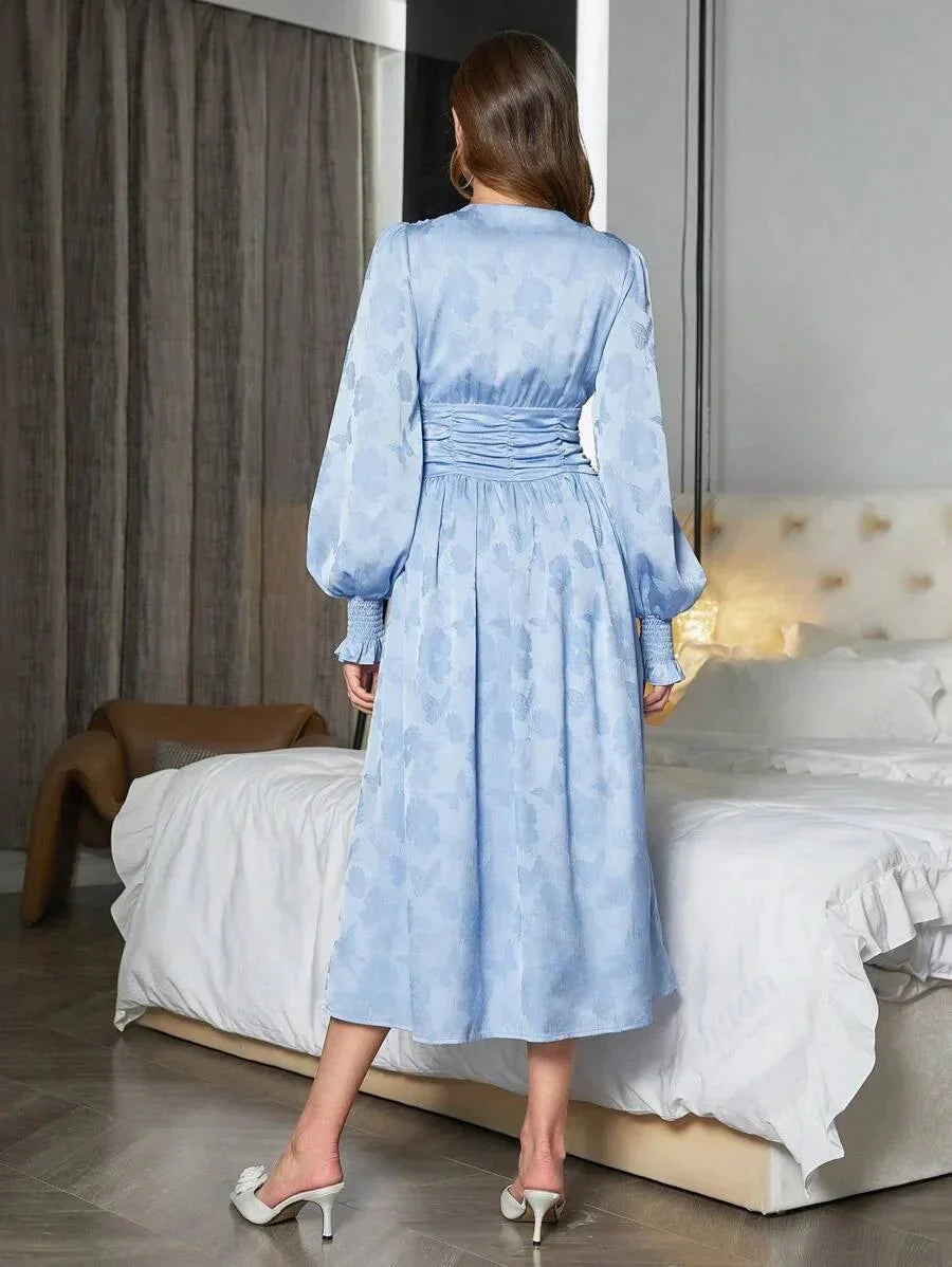 Paola Midi Dress - V Neck - Bishop Sleeve - High Waist - Elegant