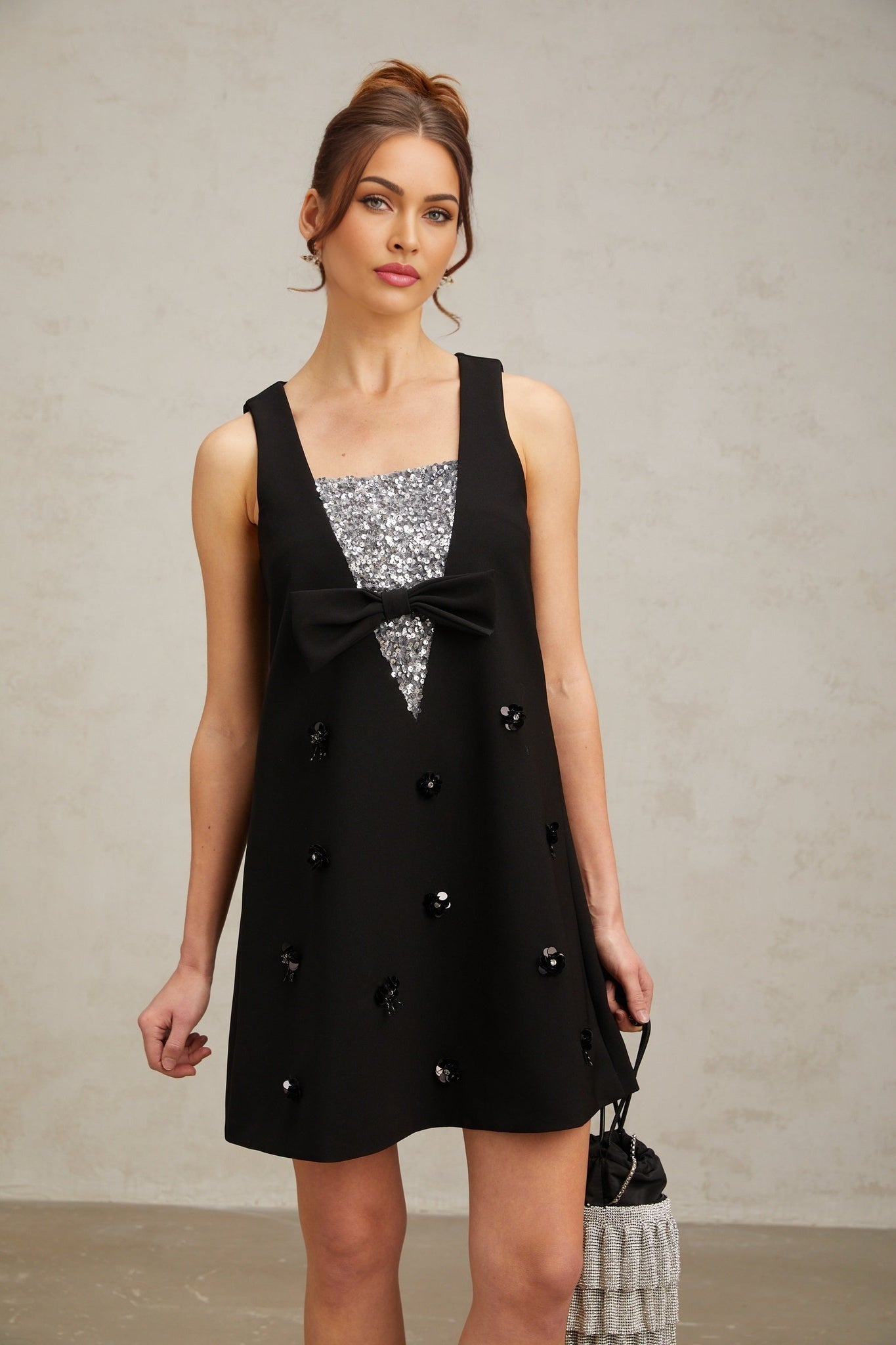 Paola Mini Dress Black Sequin Bow Flower ALine Silhouette