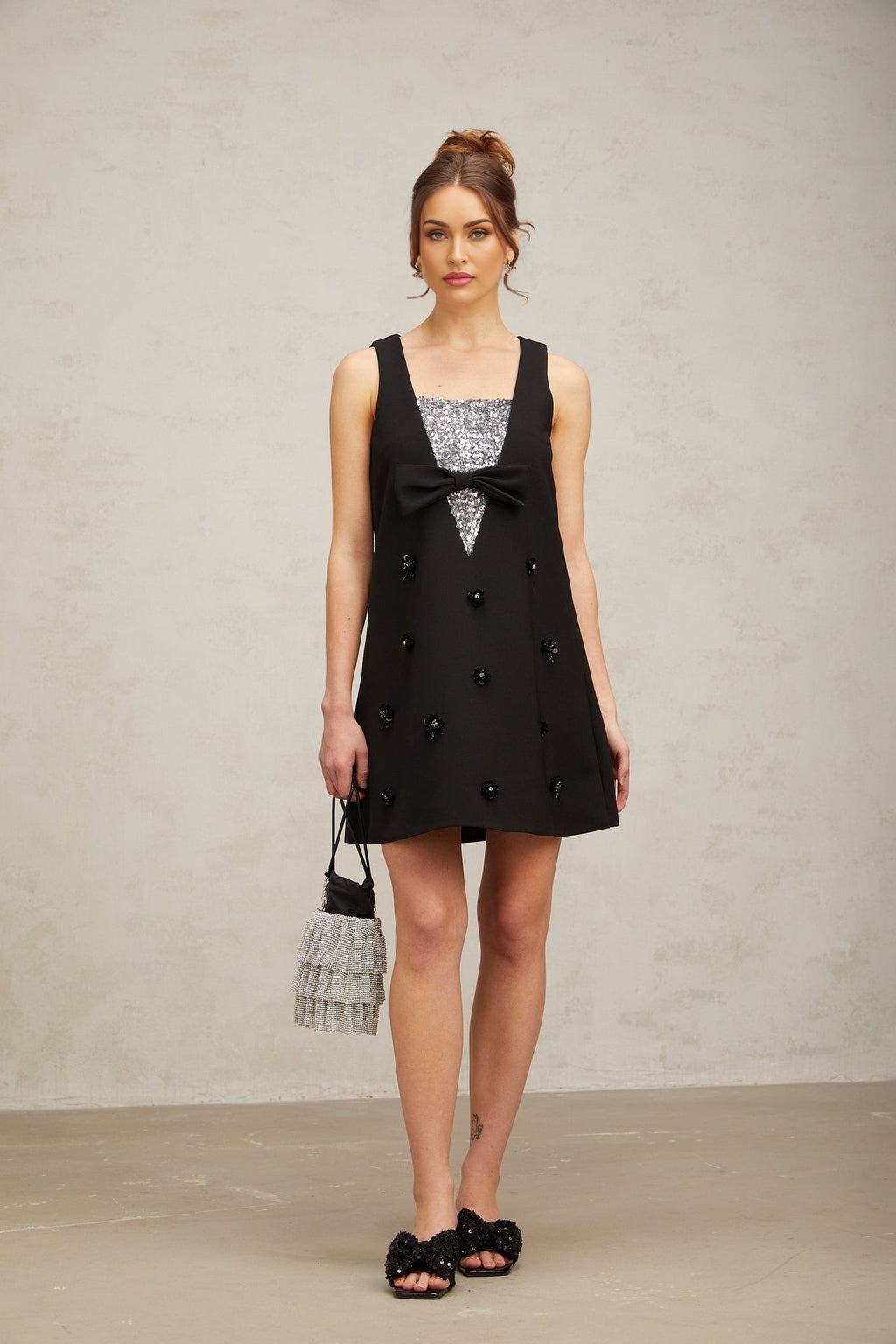 Paola Mini Dress Black Sequin Bow Flower ALine Silhouette