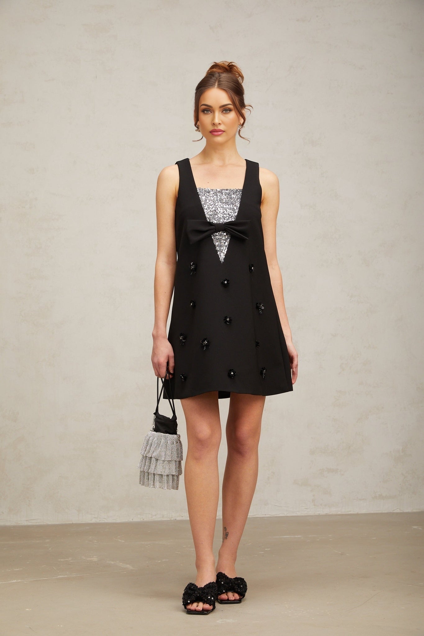 Paola Mini Dress Black Sequin Bow Flower ALine Silhouette